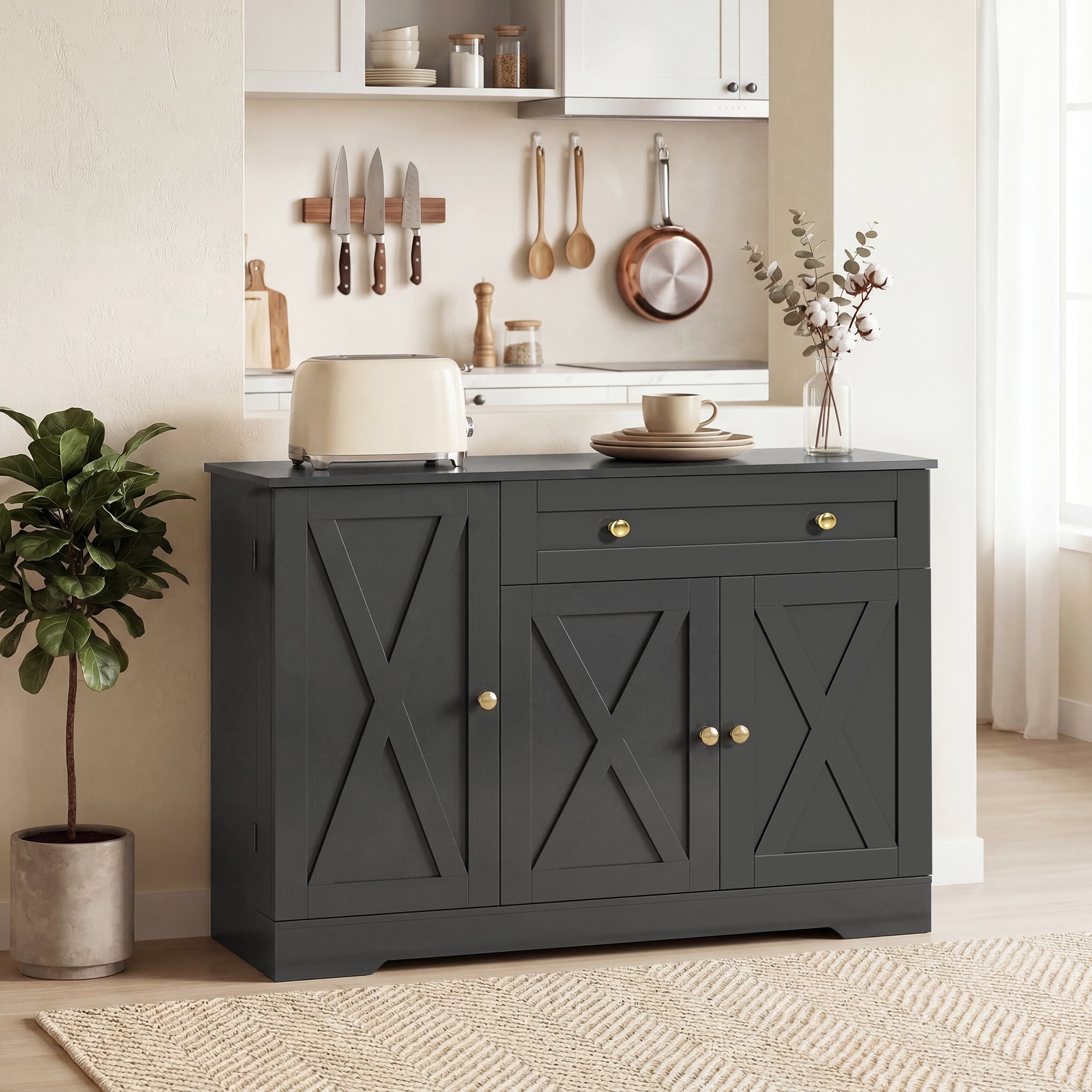 Farmhouse Sideboard Buffet Cabinet with Storage, 47" Coffee Bar Cabinet with 3 Door Shelves, Drawer, Adjustable Shelves and 3 Barn Doors, Black