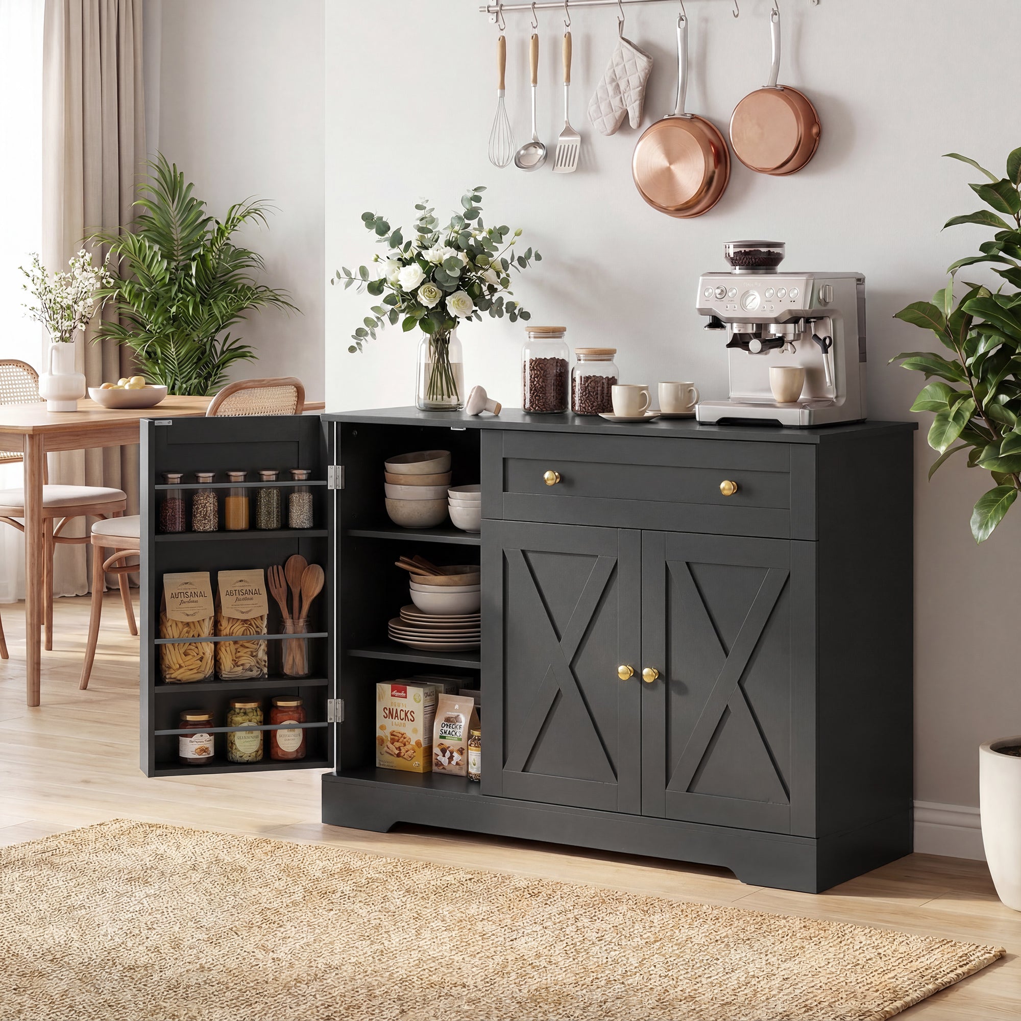Farmhouse Sideboard Buffet Cabinet with Storage, 47" Coffee Bar Cabinet with 3 Door Shelves, Drawer, Adjustable Shelves and 3 Barn Doors, Black