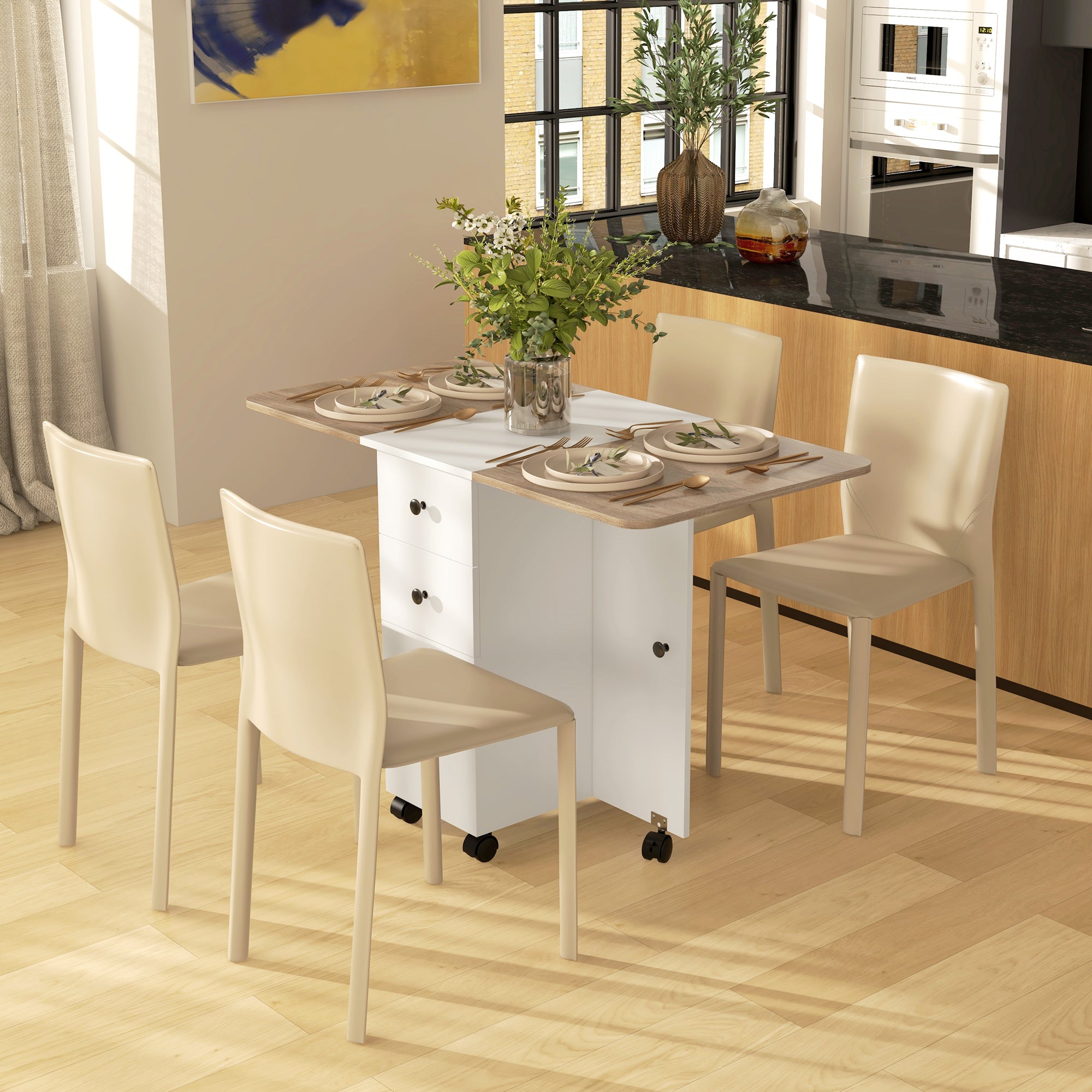 HOMCOM Folding Dining Table for 4-6, Rolling Drop Leaf Table with Storage Drawers, Cabinet and Open Shelf, Extendable Kitchen Table on Wheels, Oak and White