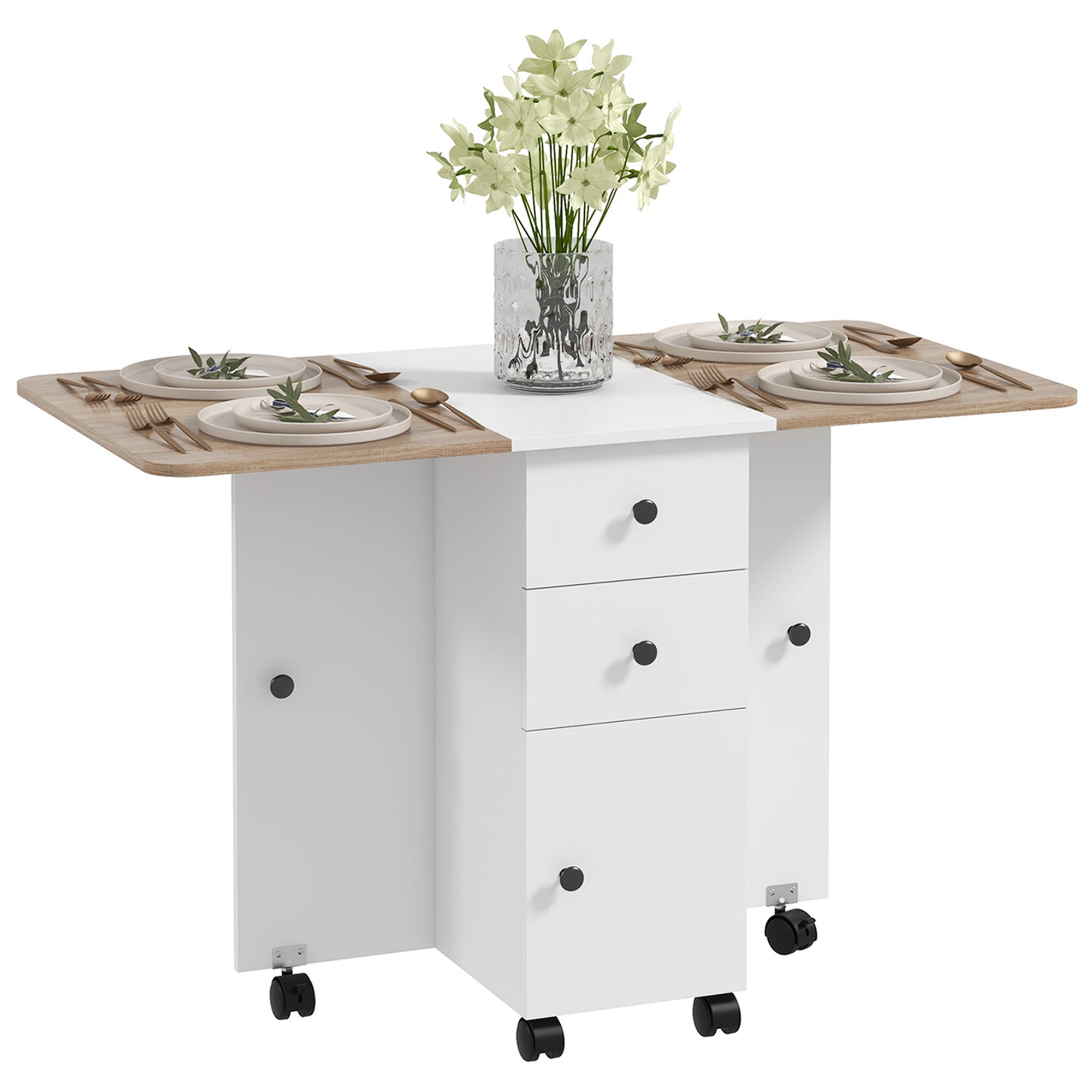 HOMCOM Folding Dining Table for 4-6, Rolling Drop Leaf Table with Storage Drawers, Cabinet and Open Shelf, Extendable Kitchen Table on Wheels, Oak and White