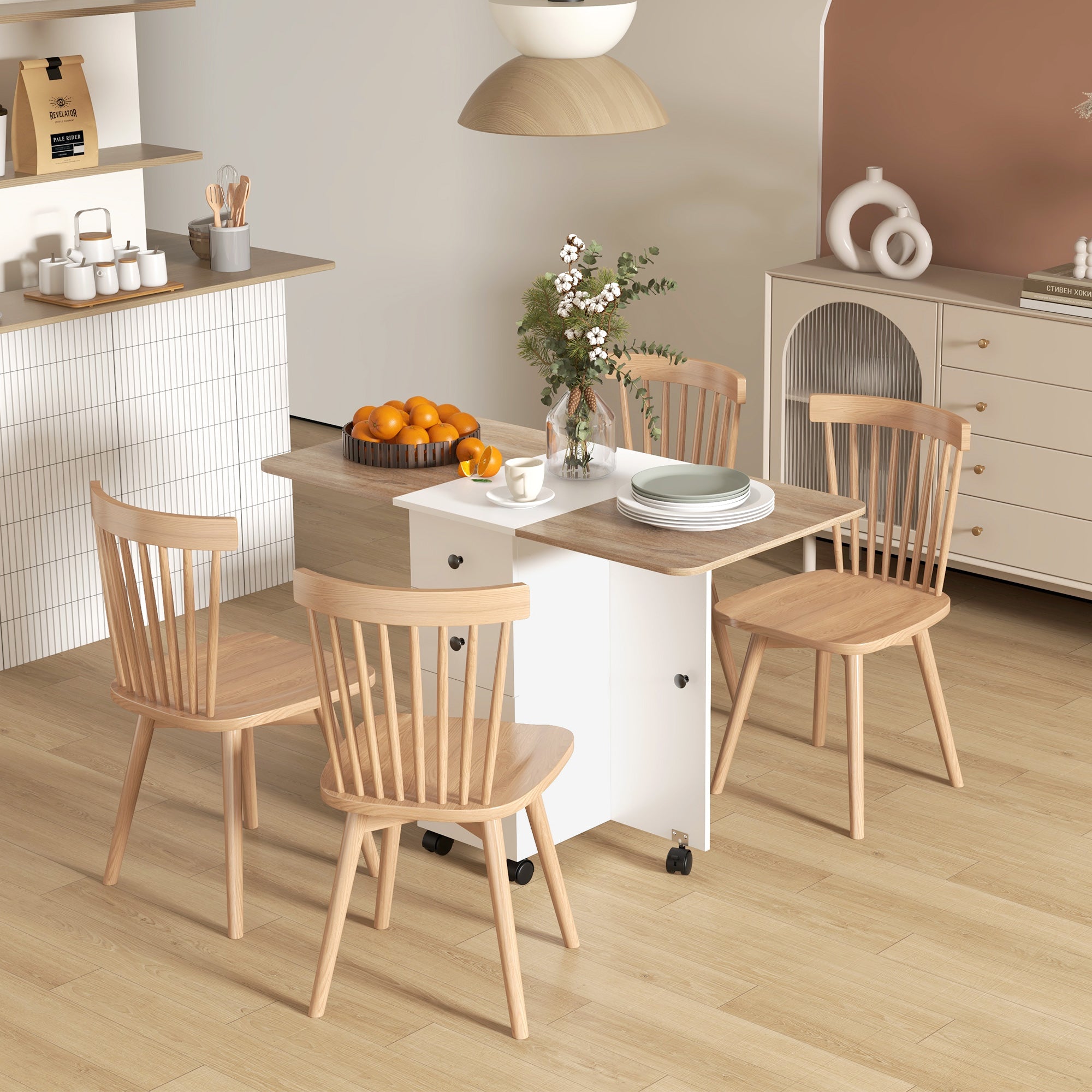 HOMCOM Folding Dining Table for 4-6, Rolling Drop Leaf Table with Storage Drawers, Cabinet and Open Shelf, Extendable Kitchen Table on Wheels, Oak and White