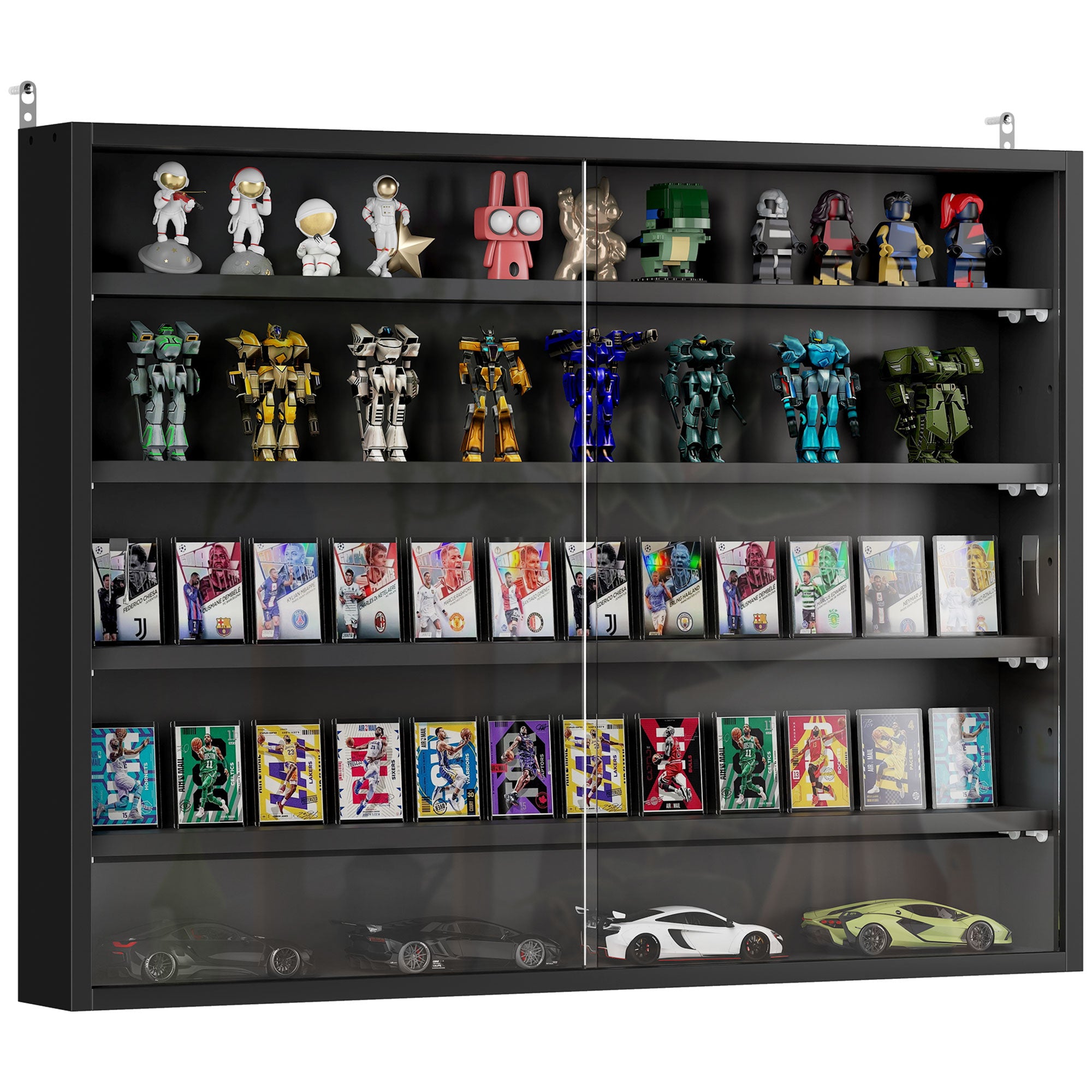5-Tier Display Cabinet, Glass Door Cabinet with Adjustable Shelves, Wall-Mounted Display Case for Playroom, Bedroom, Jet Black
