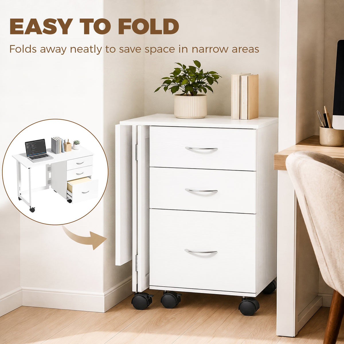 Foldable Computer Desk with 3 Drawers, Mobile Home Office Computer Table with 4 Lockable Wheels, Hanging Bars, Space Saving for Study, Home Office, White Wood Grain