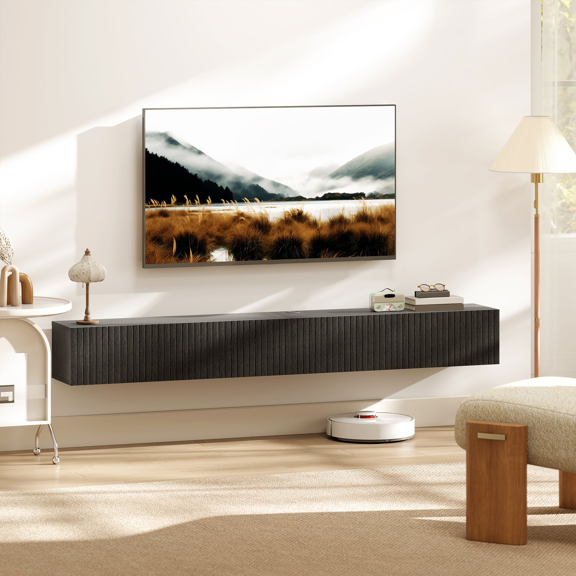 Floating TV Unit for Television up to 72 Inch, 180cm Wall Mount TV Stand Cabinet with Fluted Flip-Down Doors, Cable Management Hole, Entertainment Media Console for Living Room, Bedroom, Black