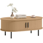 Mid-Century Modern Coffee Table, Center Table for Living Room with Storage, Sliding Tambour Doors, Rounded Edges and Metal Legs, Natural Wood Effect
