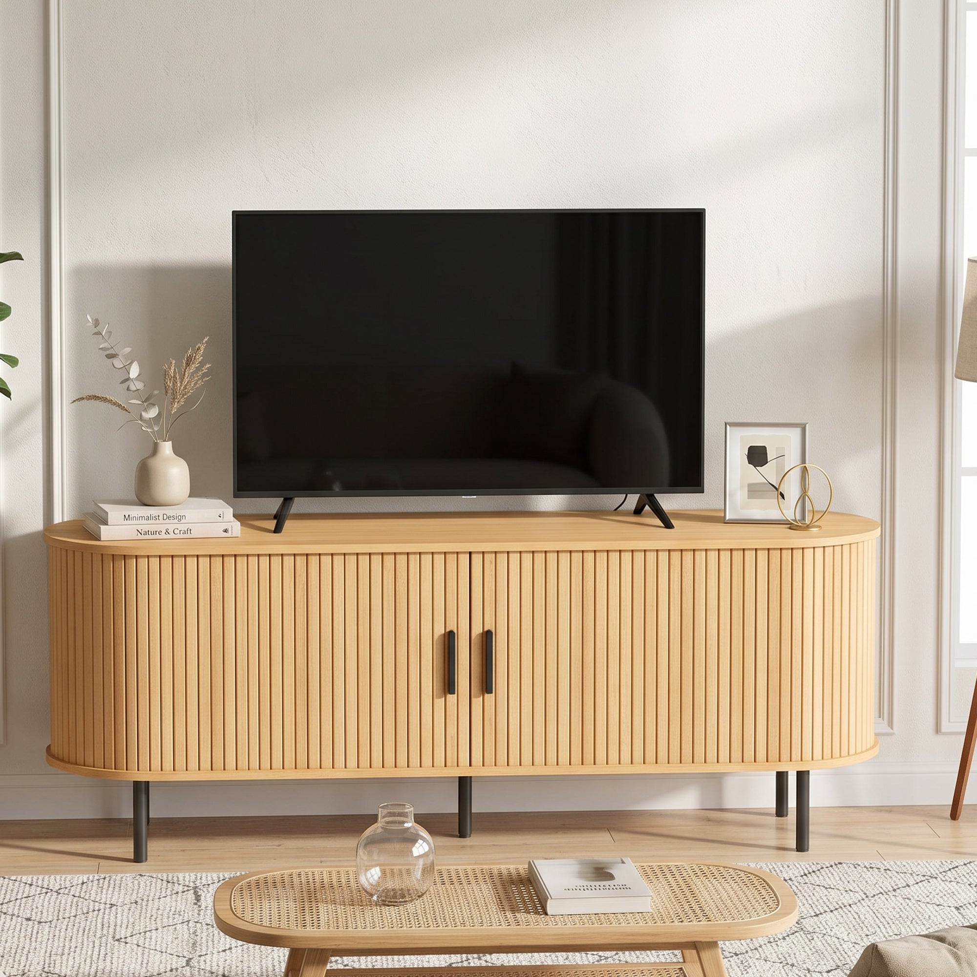 TV Stand for TVs up to 60", Modern Entertainment Center with Curved Sliding Doors, Media Console with 6 Storage Compartments, Natural Wood
