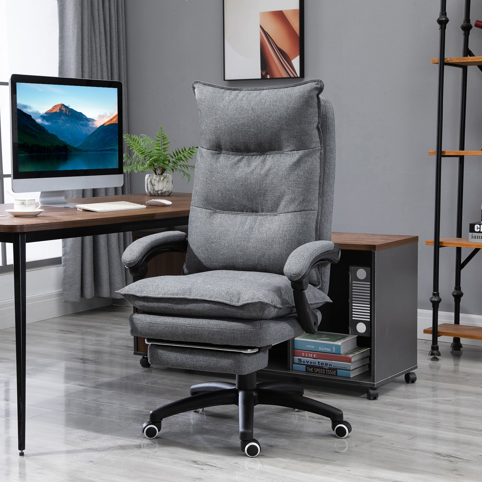 Vinsetto Office Chair 360° Swivel Adjustable Height Linen Style Fabric Recliner with Retractable Footrest and Double Padding, Grey