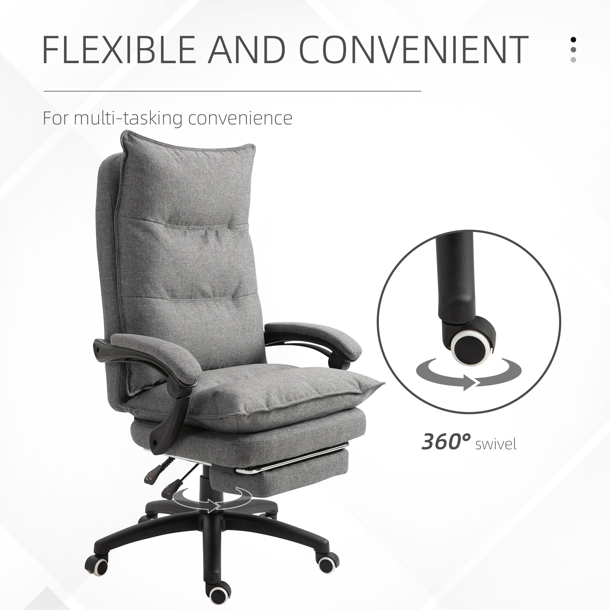 Vinsetto Office Chair 360° Swivel Adjustable Height Linen Style Fabric Recliner with Retractable Footrest and Double Padding, Grey