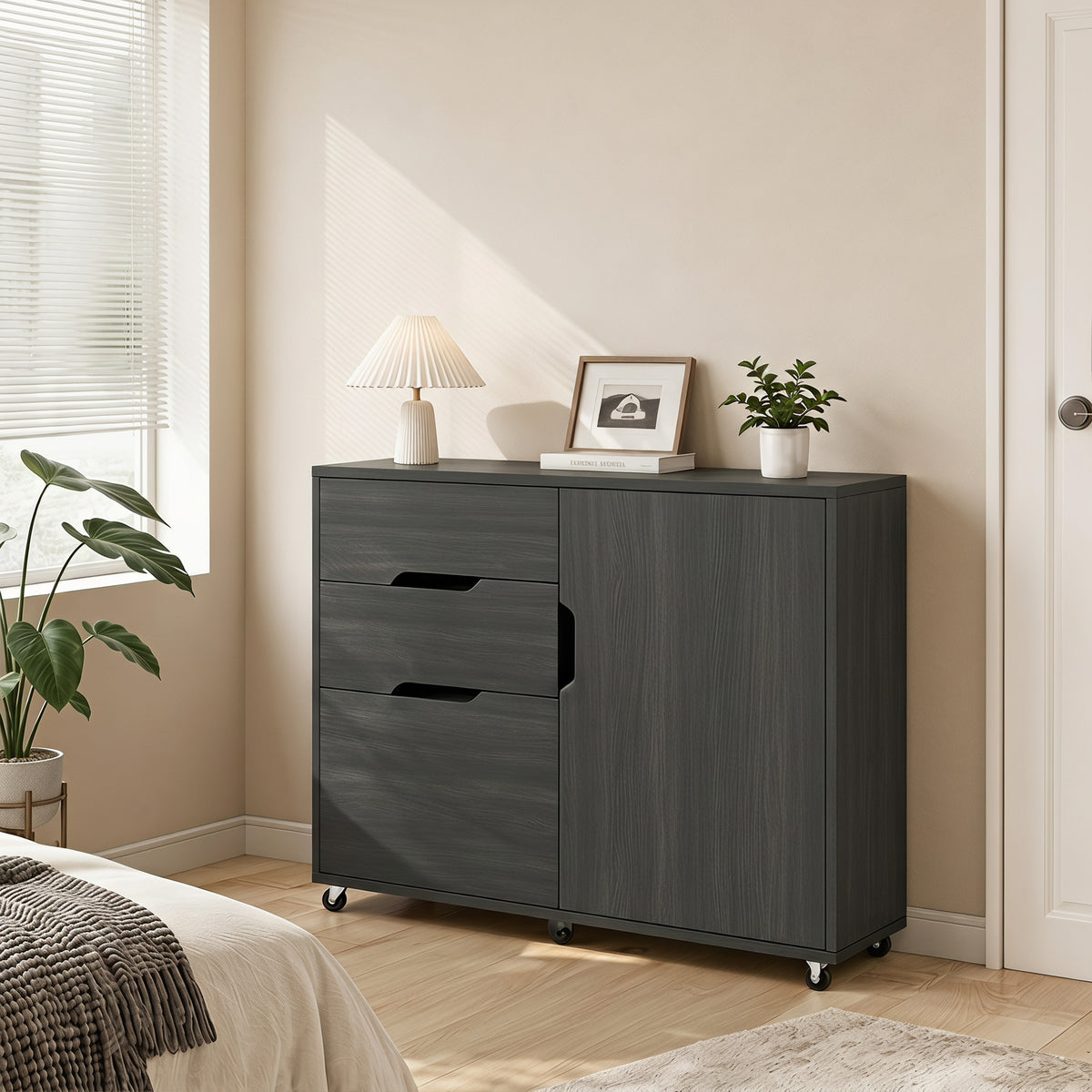 Lateral File Cabinet with Cabinet, Home Office Printer Stand, 3-Drawer Mobile Filing Cabinet, Lockable Wheels, Adjustable Shelf, for A4, Letter-Size Files, Black Wood Grain