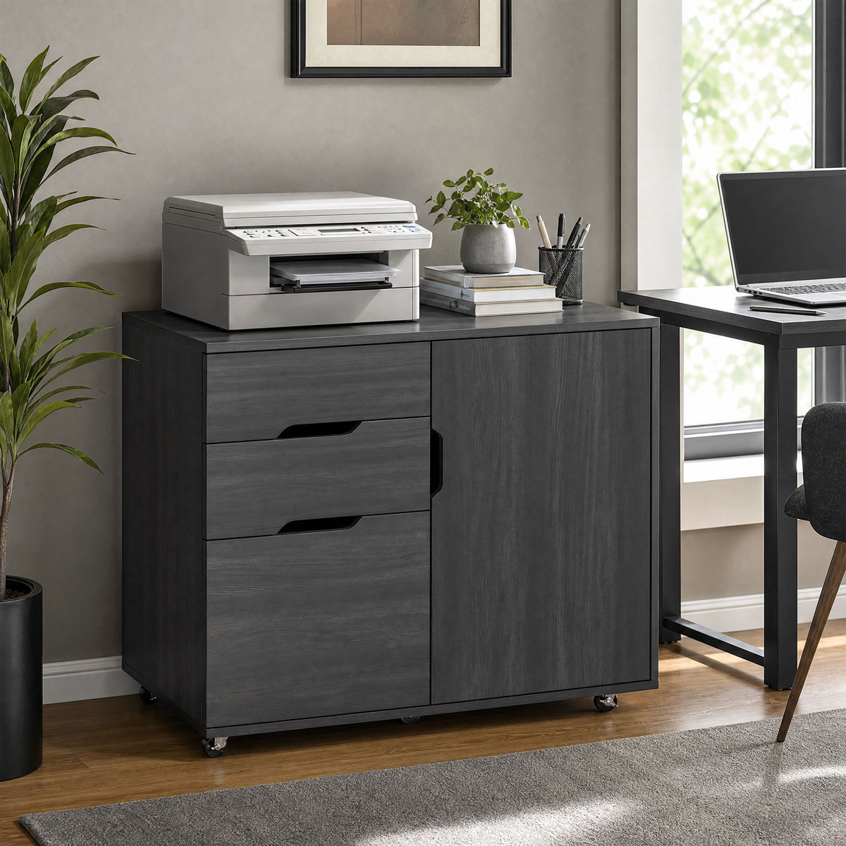 Lateral File Cabinet with Cabinet, Home Office Printer Stand, 3-Drawer Mobile Filing Cabinet, Lockable Wheels, Adjustable Shelf, for A4, Letter-Size Files, Black Wood Grain