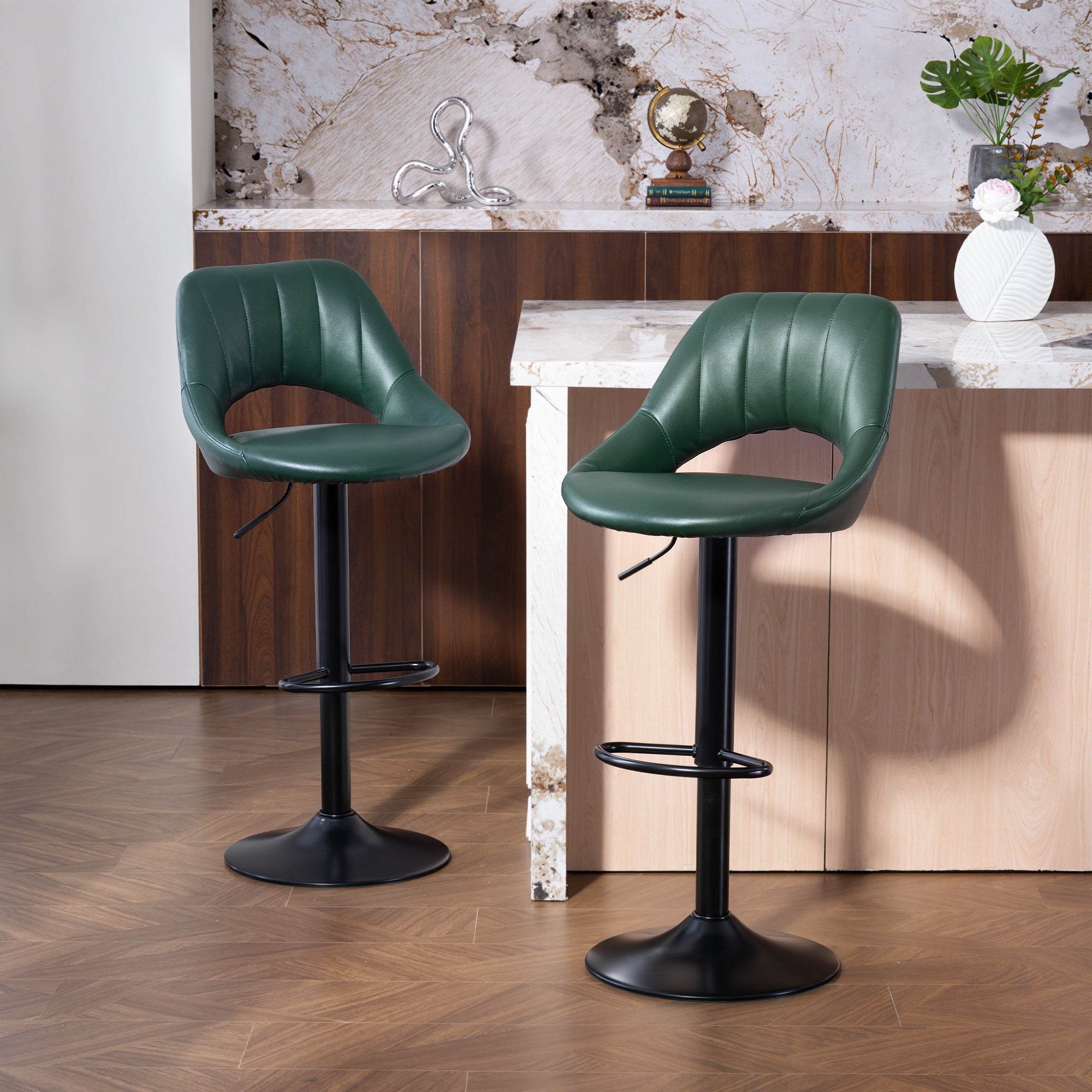 Bar Stools Set of 2, Swivel Barstools with Adjustable Height, Backrest and Footrest,  Modern PU Leather Upholstered Breakfast Bar Chairs for Kitchen Island, Counter, Dining Room, Dark Green