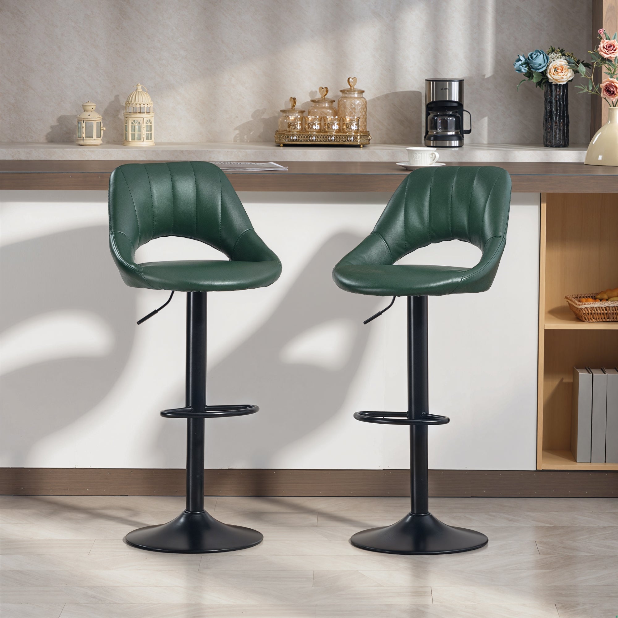 Bar Stools Set of 2, Swivel Barstools with Adjustable Height, Backrest and Footrest,  Modern PU Leather Upholstered Breakfast Bar Chairs for Kitchen Island, Counter, Dining Room, Dark Green