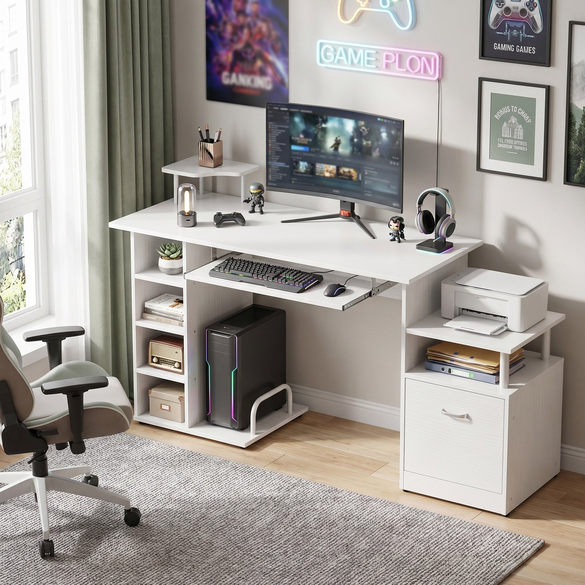 Computer Desk PC Workstation with Drawer Shelves CPU Storage Rack Home Office Furniture 152 x 60 x 88 cm White Wood Effect