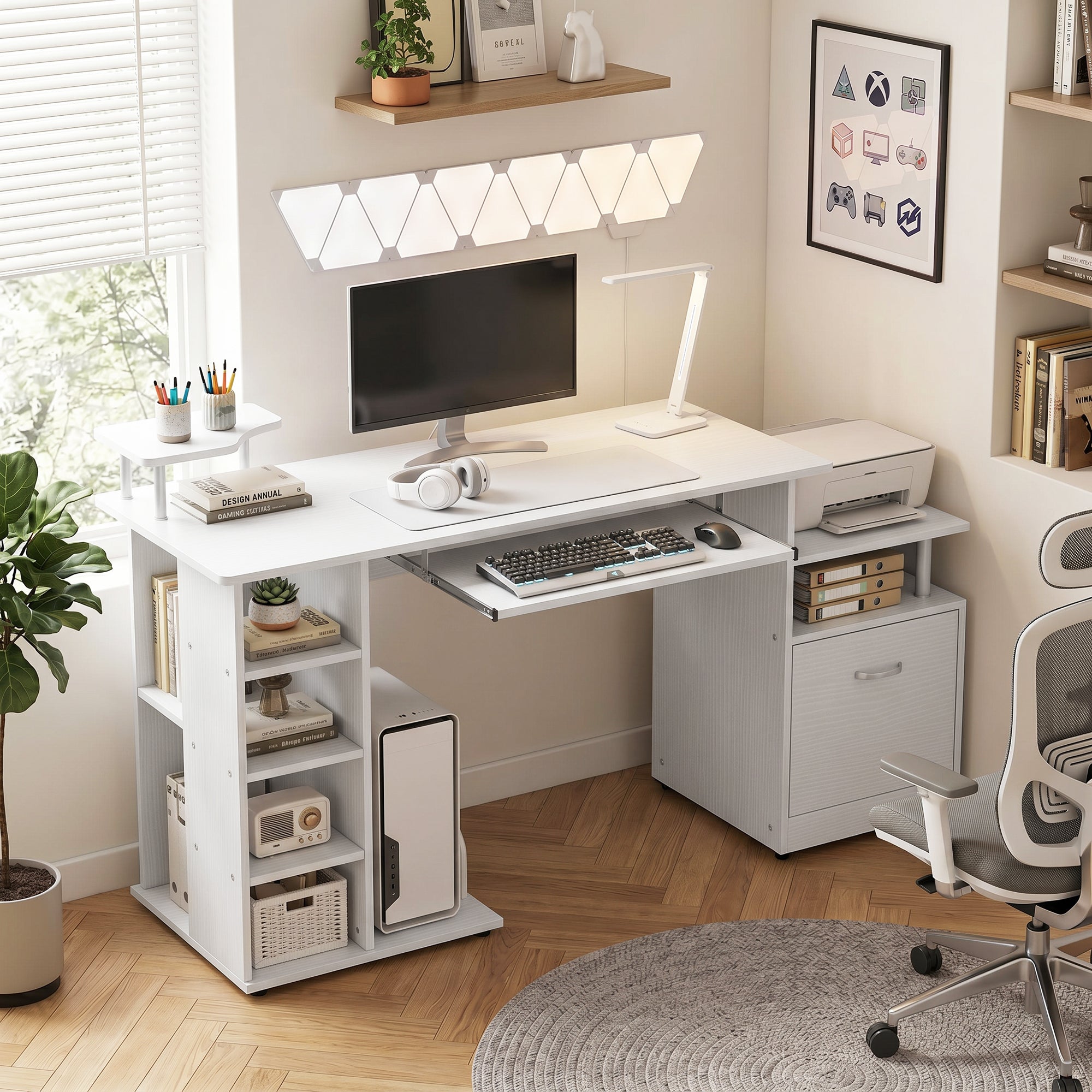 Computer Desk PC Workstation with Drawer Shelves CPU Storage Rack Home Office Furniture 152 x 60 x 88 cm White Wood Effect