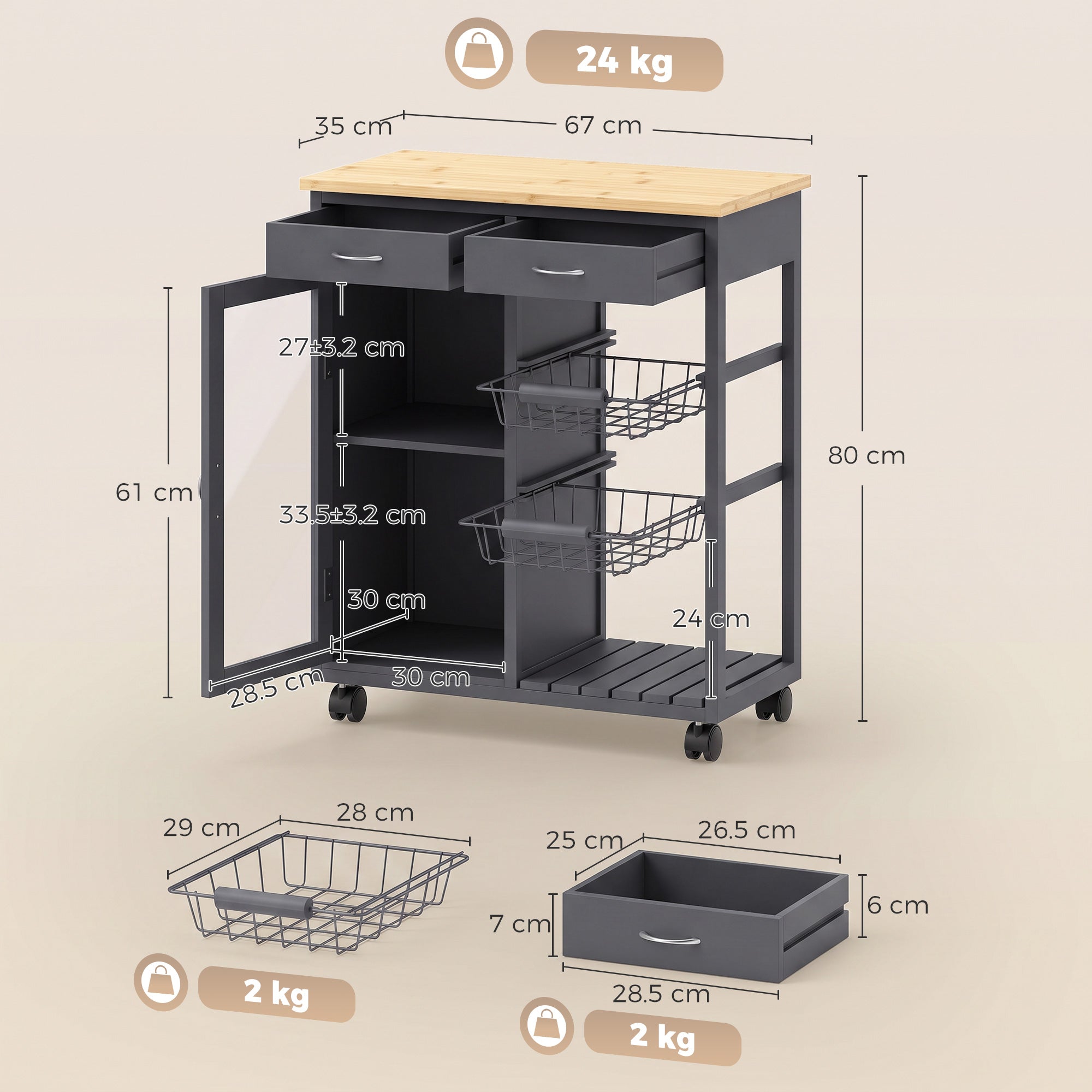 Rolling Kitchen Trolley, Bamboo Kitchen Island with Glass Door, 2 Metal Wire Baskets, 2 Drawers & Adjustable Shelf, 67 x 35 x 80 cm, Grey