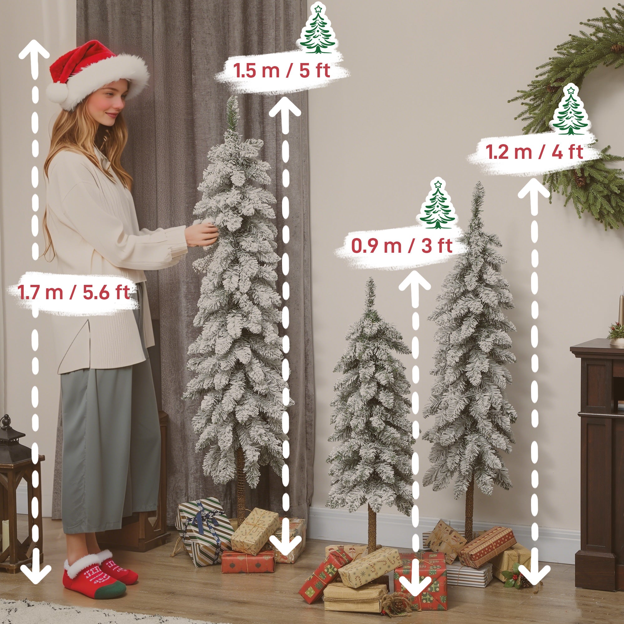 Set of 3 Pencil Flocked Christmas Tree, 3ft 4ft 5ft Slim Downswept Xmas Tree with Metal Stand, Fire-Resistant for Home Office Decor