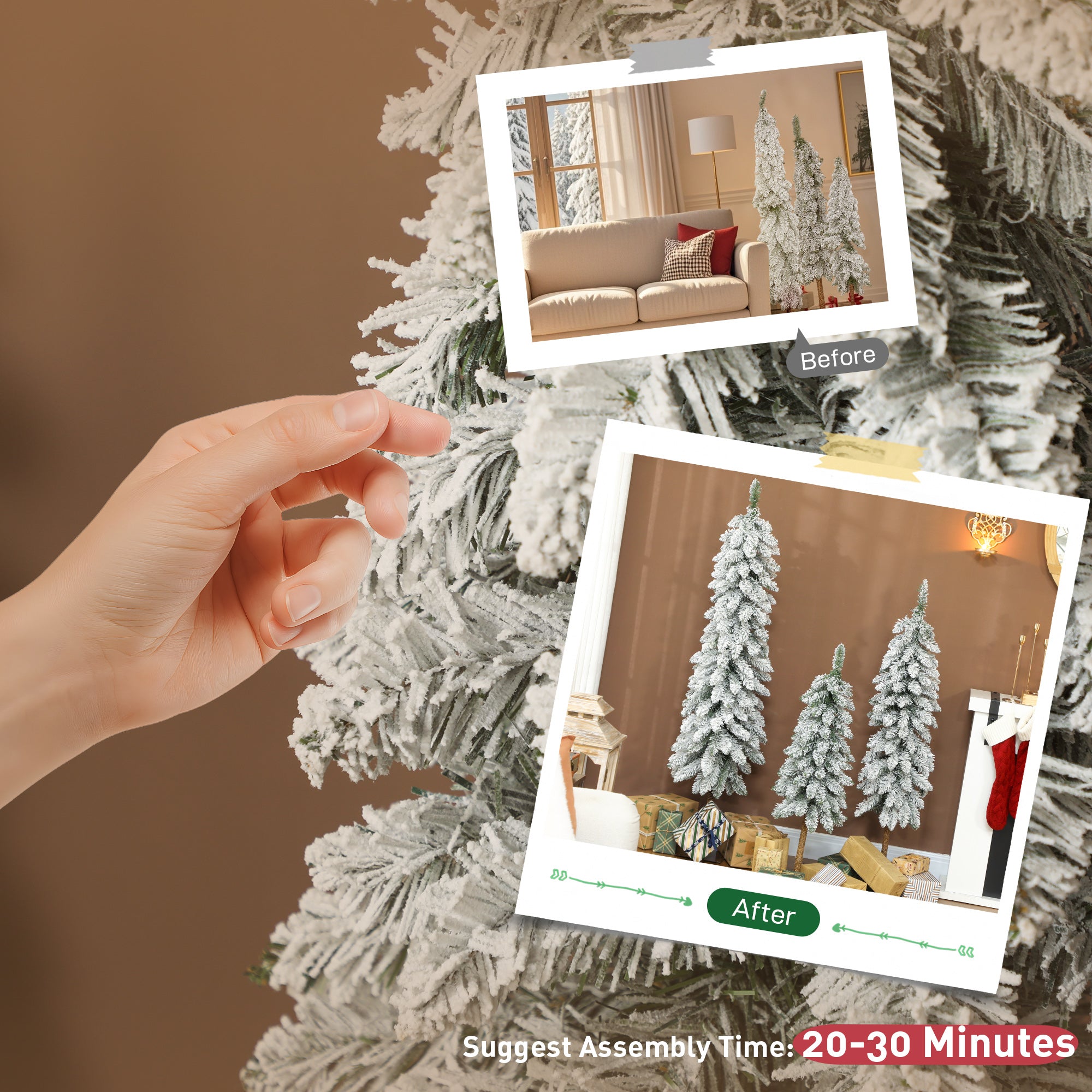 Set of 3 Pencil Flocked Christmas Tree, 3ft 4ft 5ft Slim Downswept Xmas Tree with Metal Stand, Fire-Resistant for Home Office Decor