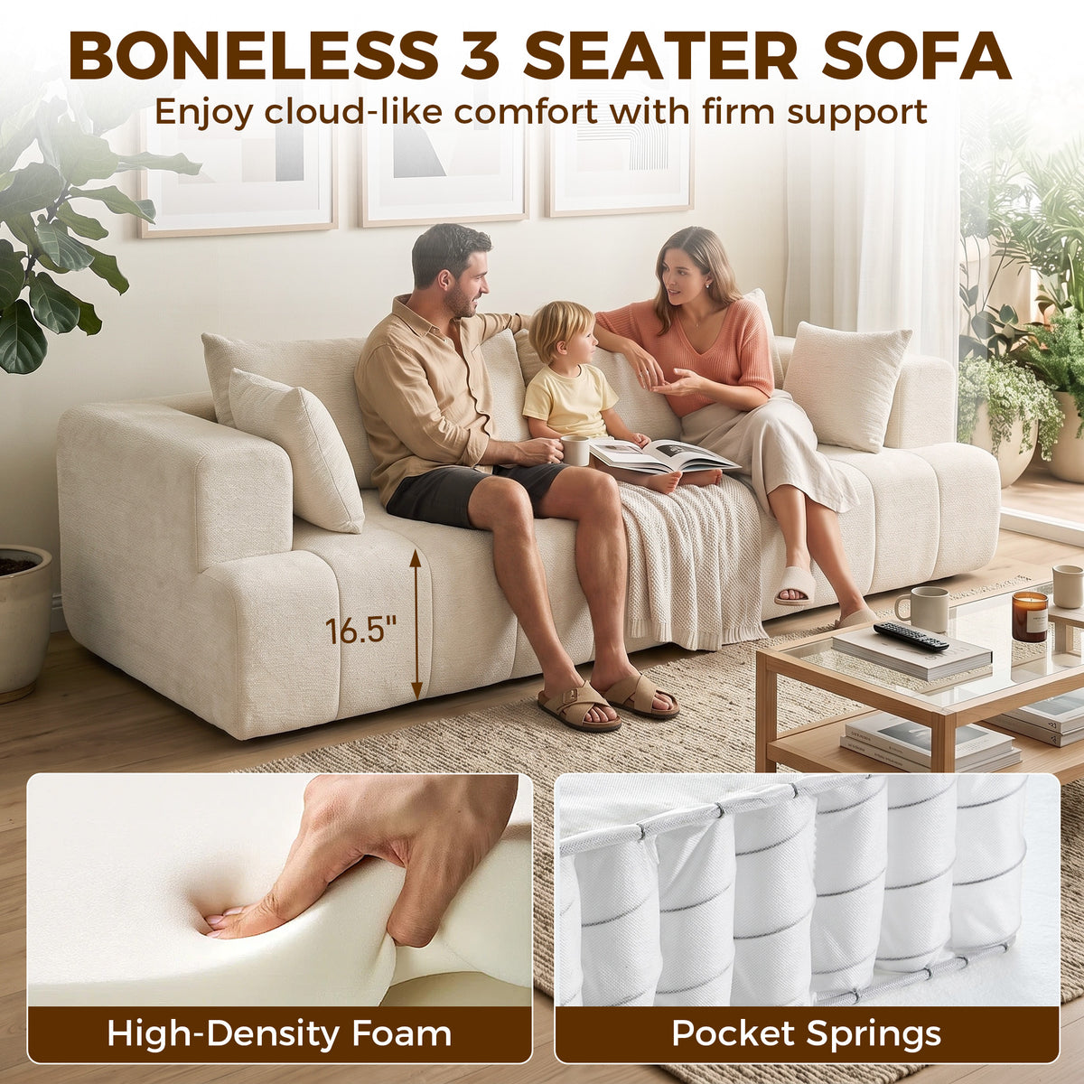 3 Seater Sofa, Chenille Boneless Cloud Couch with Thick Spring Cushion, Wide and Deep Seat, Wide Armrests, 2 Pillows, Anti-Slip Bottom, Modern Sofa Settee for Living Room, Beige