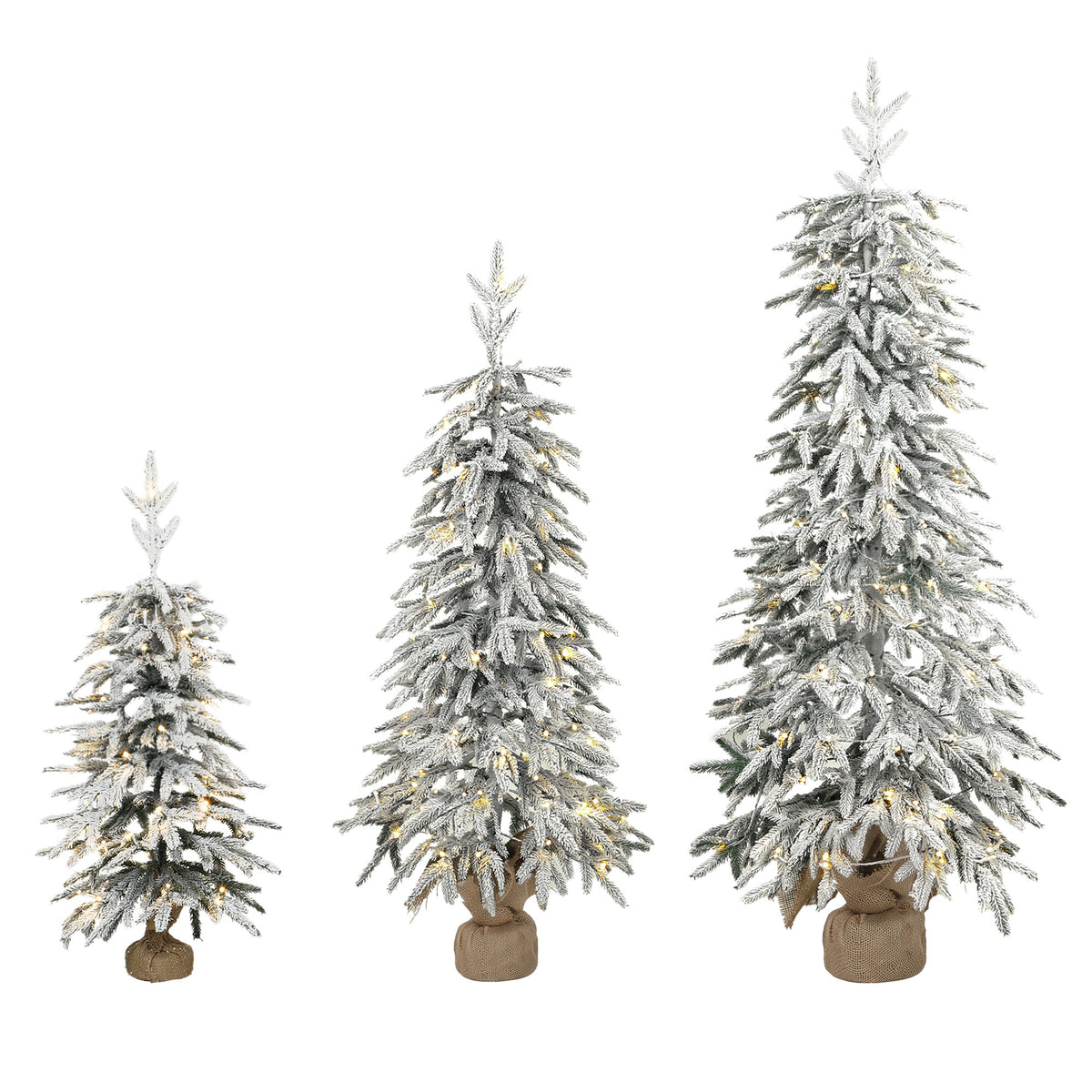 Prelit Flocked Artificial Christmas Tree Set of 3, Snowy Xmas Tree with PE Tips, Warm White LED Lights, 8 Modes, Space Saving Slim Pencil Xmas Decoration Tree 3FT+4FT+5FT