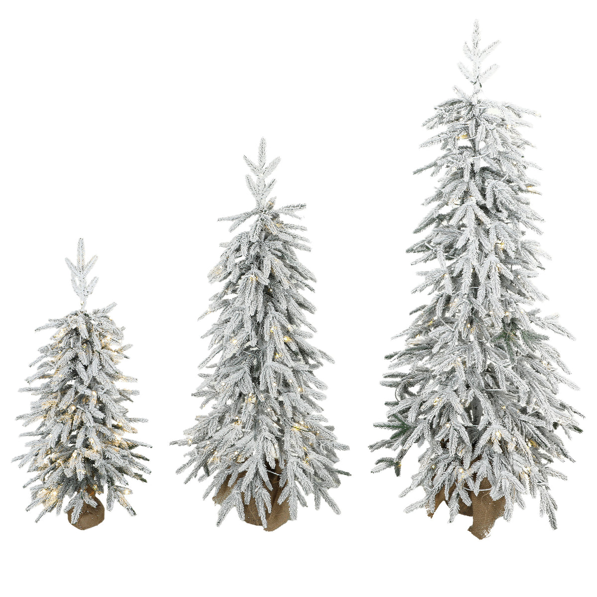Prelit Flocked Artificial Christmas Tree Set of 3, Snowy Xmas Tree with PE Tips, Warm White LED Lights, 8 Modes, Space Saving Slim Pencil Xmas Decoration Tree 3FT+4FT+5FT