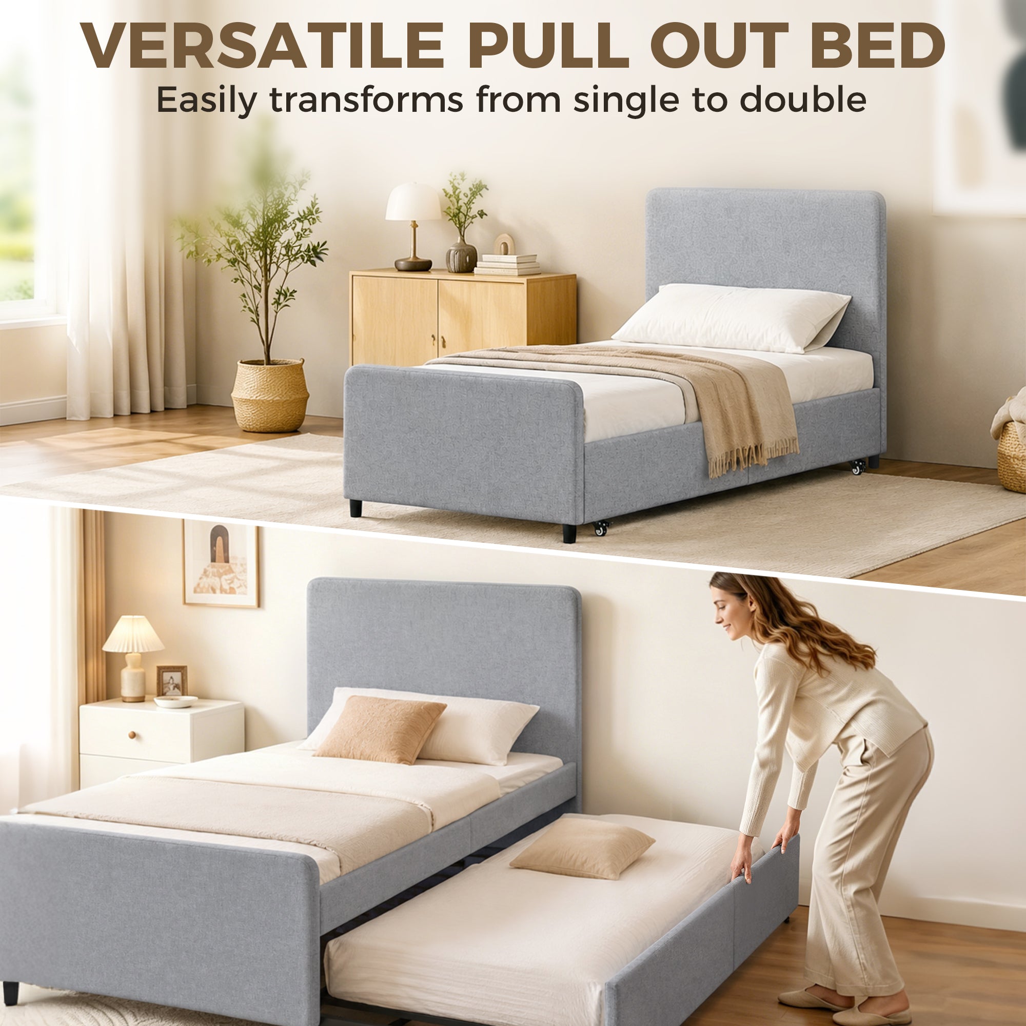 3ft Single Bed Frame with Trundle, Upholstered Pull Out Trundle Bed with Headboard and Footboard for Adults & Teenagers, 90 x 190 cm, No Mattress, Light Grey