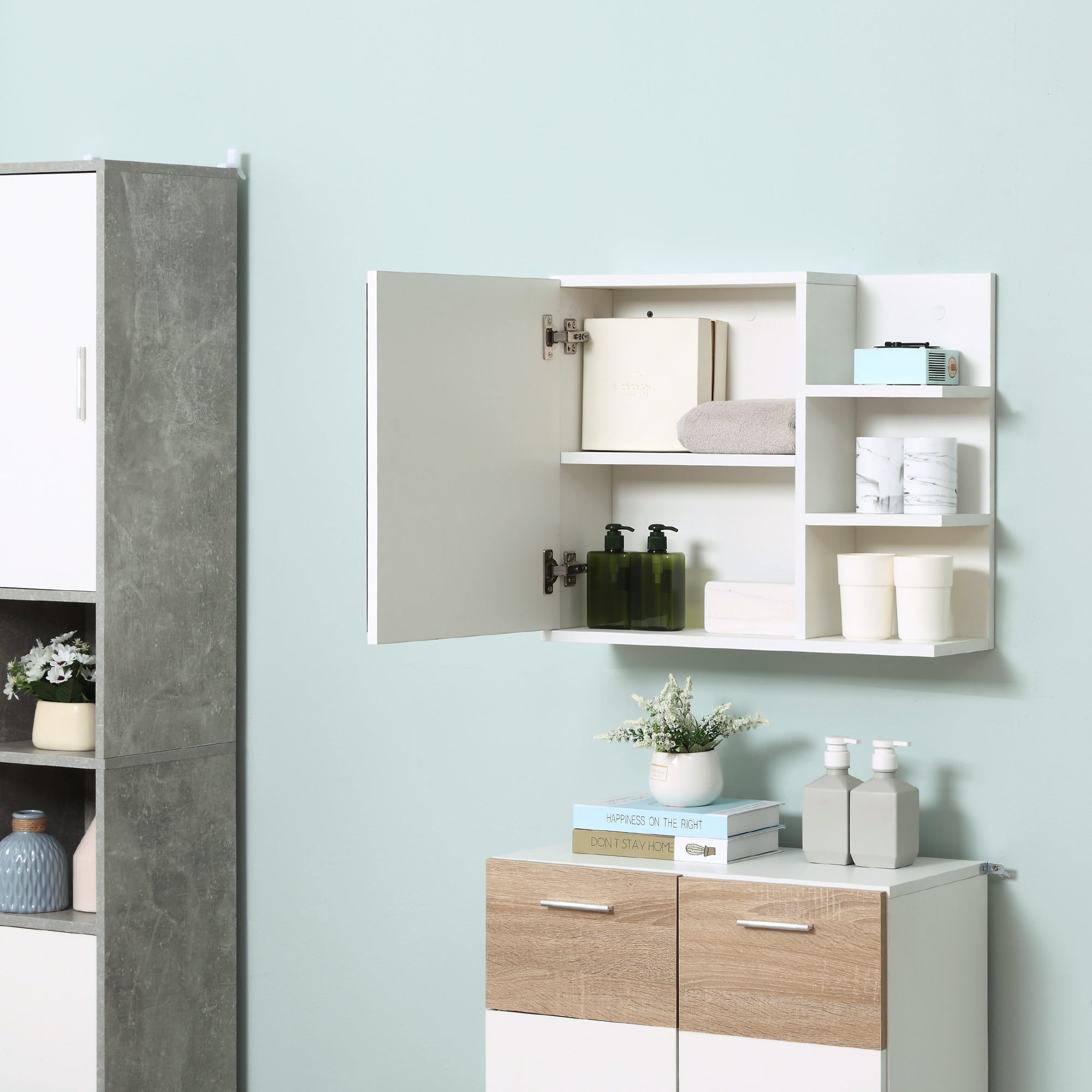 kleankin Medicine Cabinet with Mirror, Wall Mounted Bathroom Mirror Cabinet, Bathroom Wall Cabinet with 3 Open Shelves, White