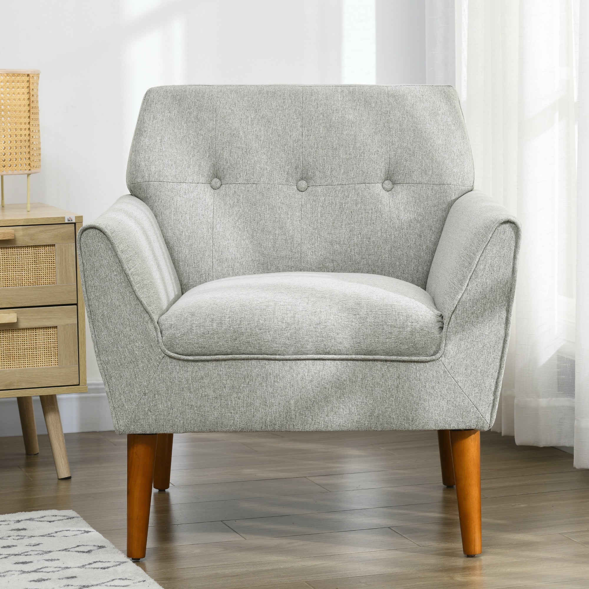 Traditional Accent Chair Button Tufted Armchair with Wood Legs for Living Room Bedroom Light Gray