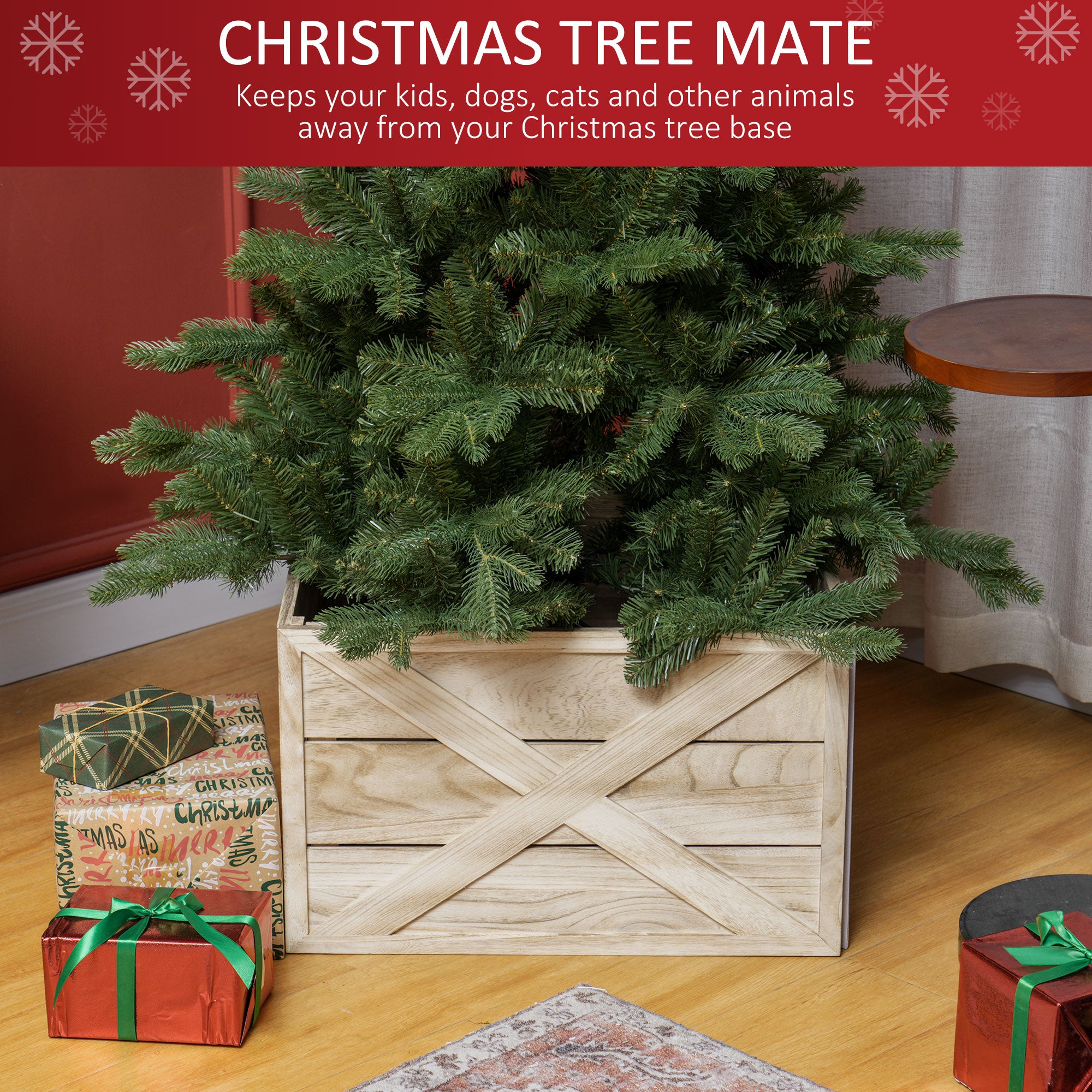 24" Farmhouse Christmas Tree Base Cover Wooden Christmas Tree Collar Box Home Decoration, Light Distressed Wood Finish