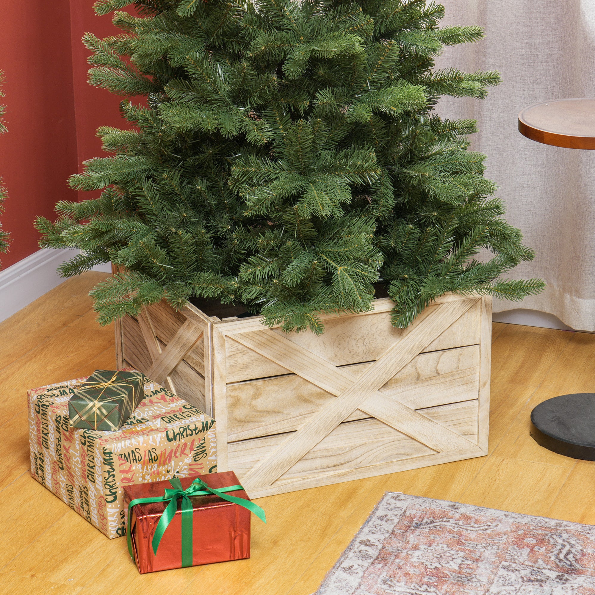 24" Farmhouse Christmas Tree Base Cover Wooden Christmas Tree Collar Box Home Decoration, Light Distressed Wood Finish