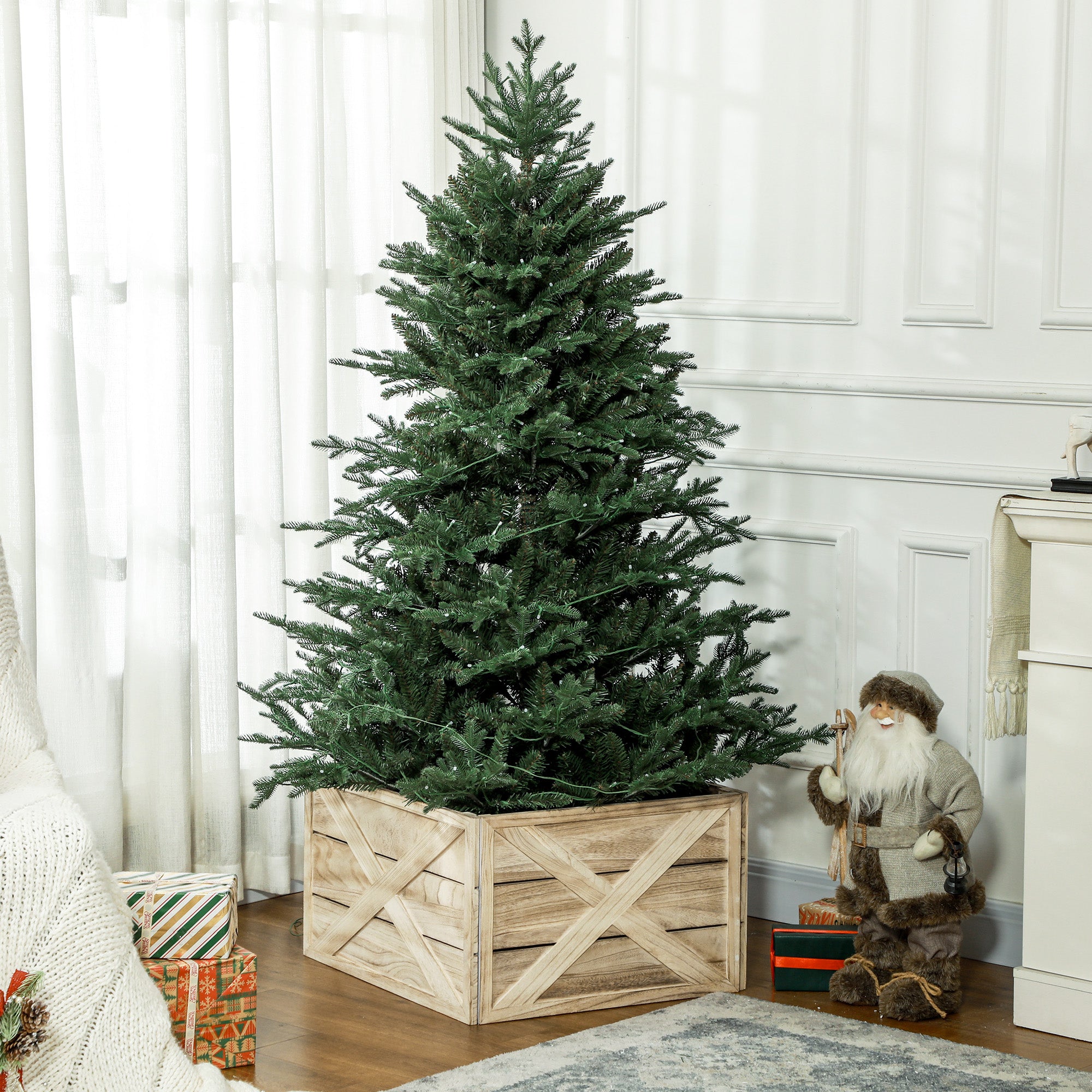 24" Farmhouse Christmas Tree Base Cover Wooden Christmas Tree Collar Box Home Decoration, Light Distressed Wood Finish