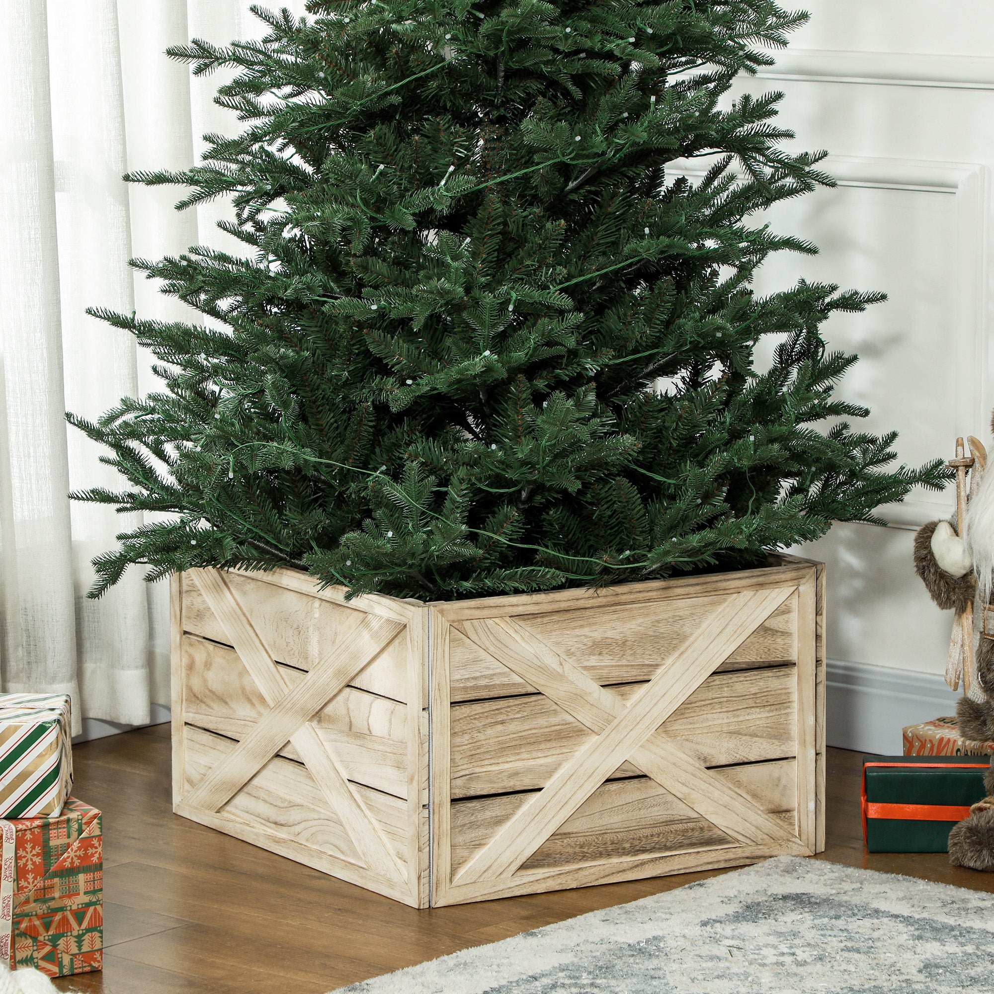 24" Farmhouse Christmas Tree Base Cover Wooden Christmas Tree Collar Box Home Decoration, Light Distressed Wood Finish