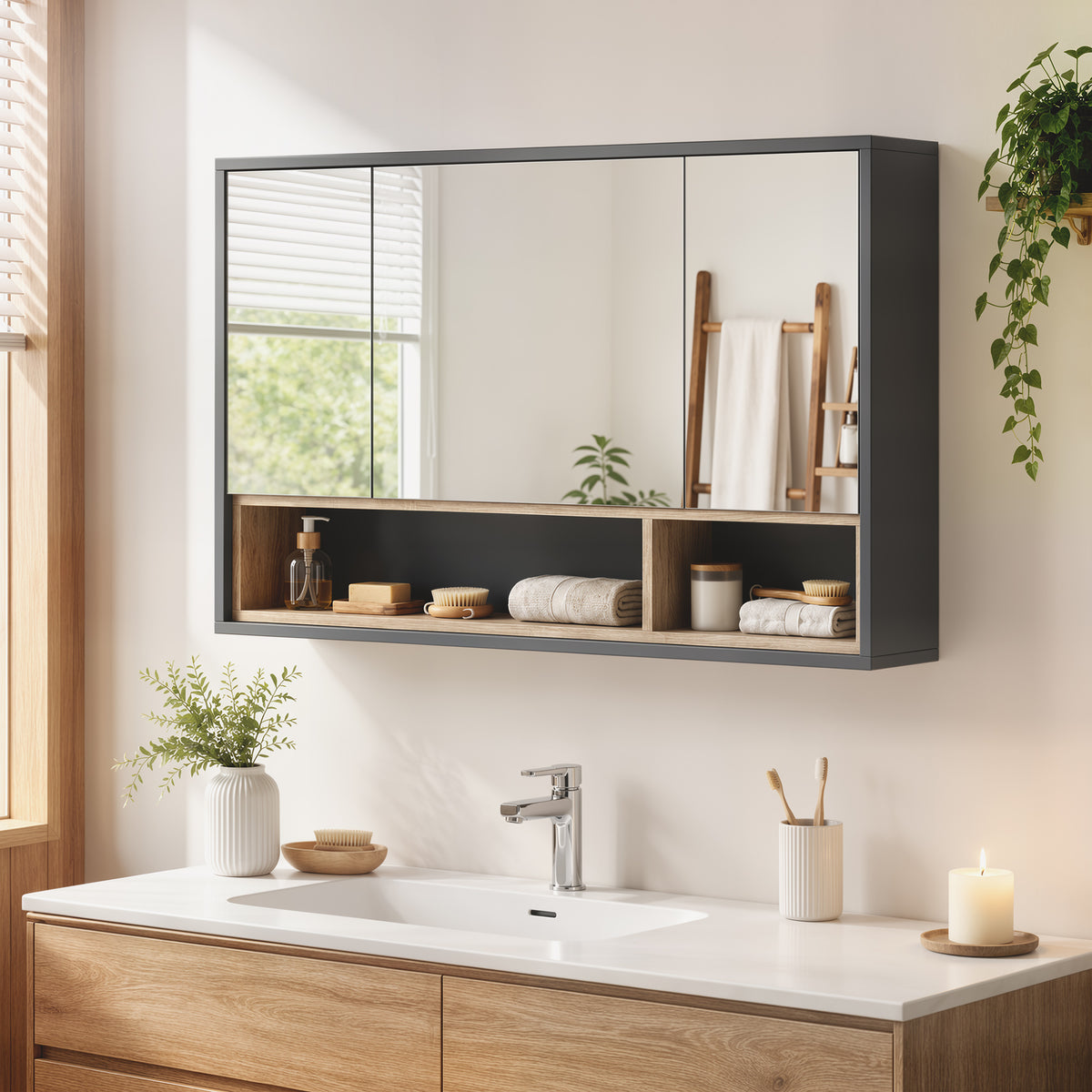 Medicine Cabinet with Mirror, Wall Mounted Bathroom Mirror Cabinet with Shelves, 3 Doors Storage Cabinet, Grey