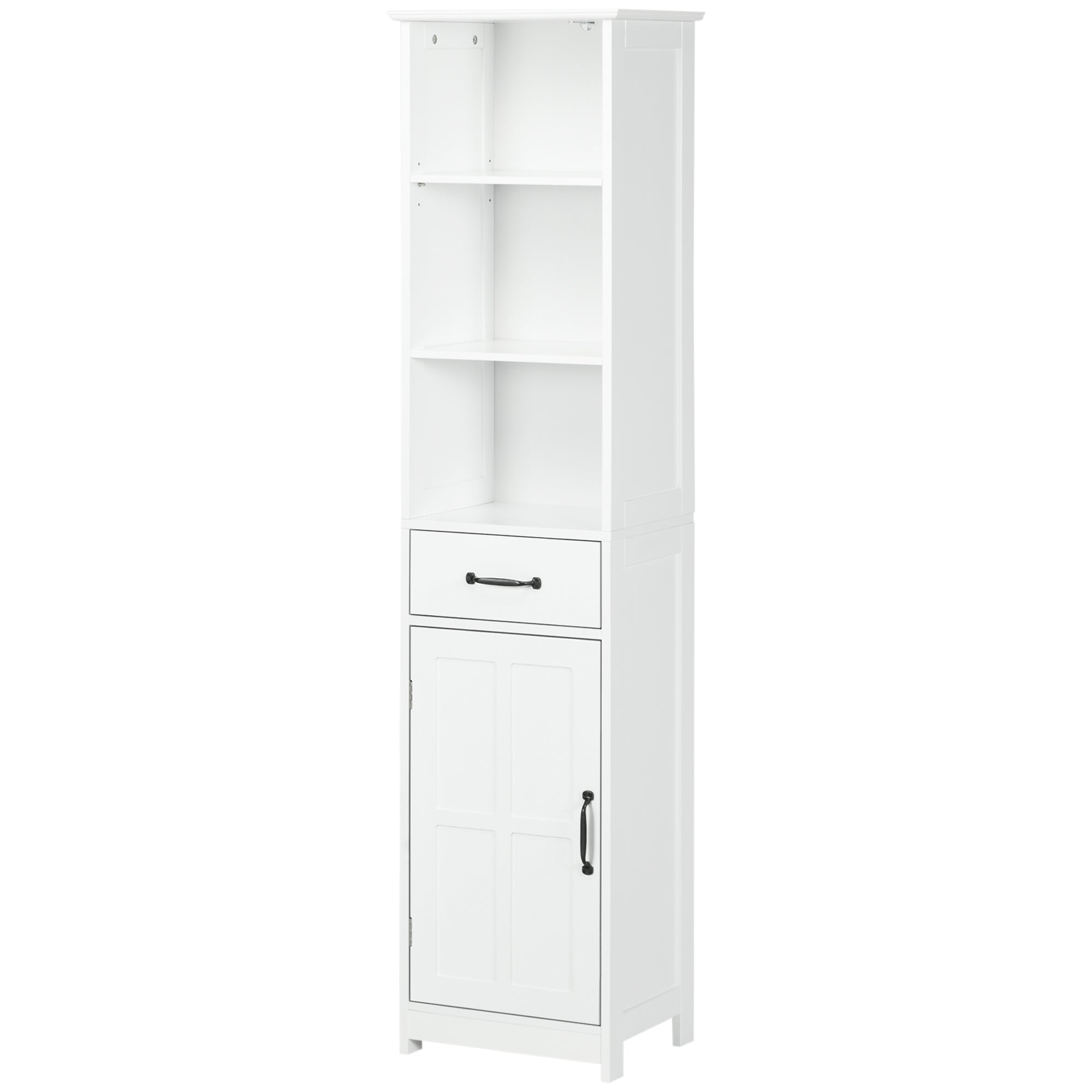 kleankin Tall Bathroom Storage Cabinet, Narrow Bathroom Cabinet with 3 Open Shelves, Drawer, Recessed Door and Adjustable Shelf, White