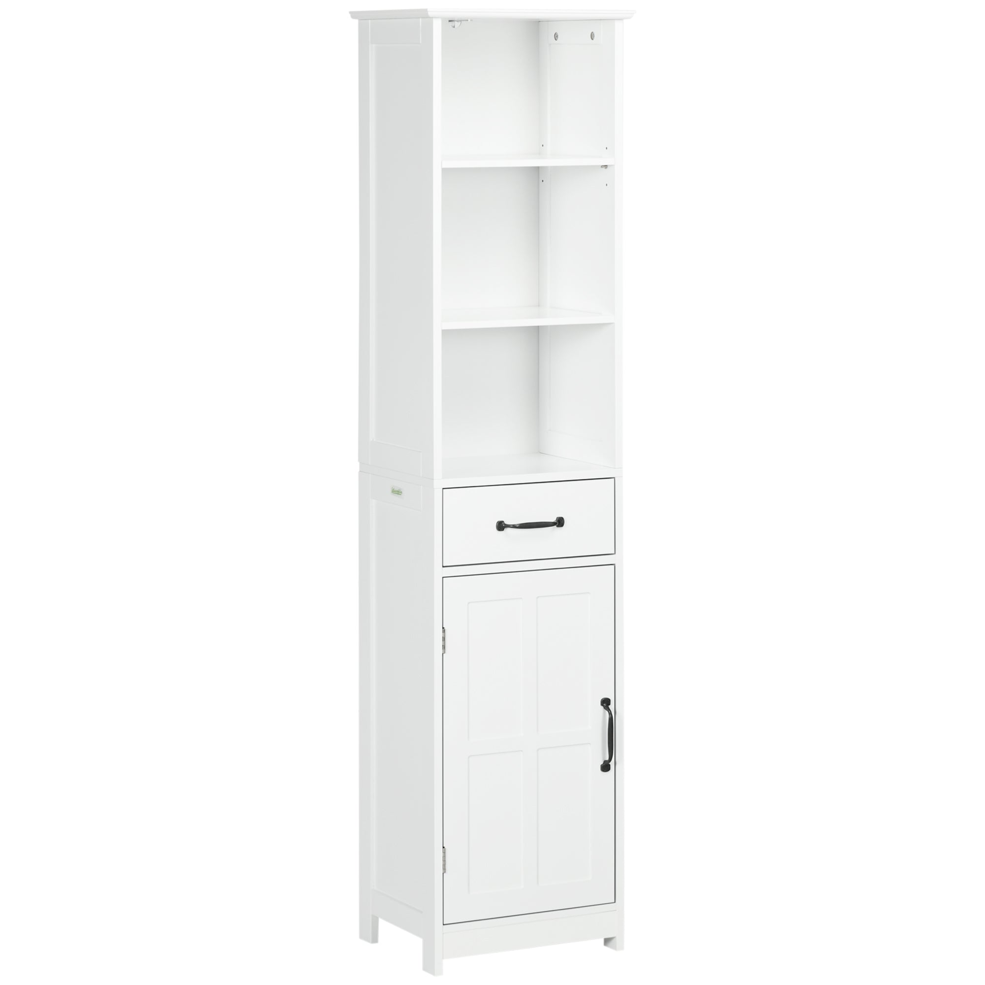 kleankin Tall Bathroom Storage Cabinet, Narrow Bathroom Cabinet with 3 Open Shelves, Drawer, Recessed Door and Adjustable Shelf, White