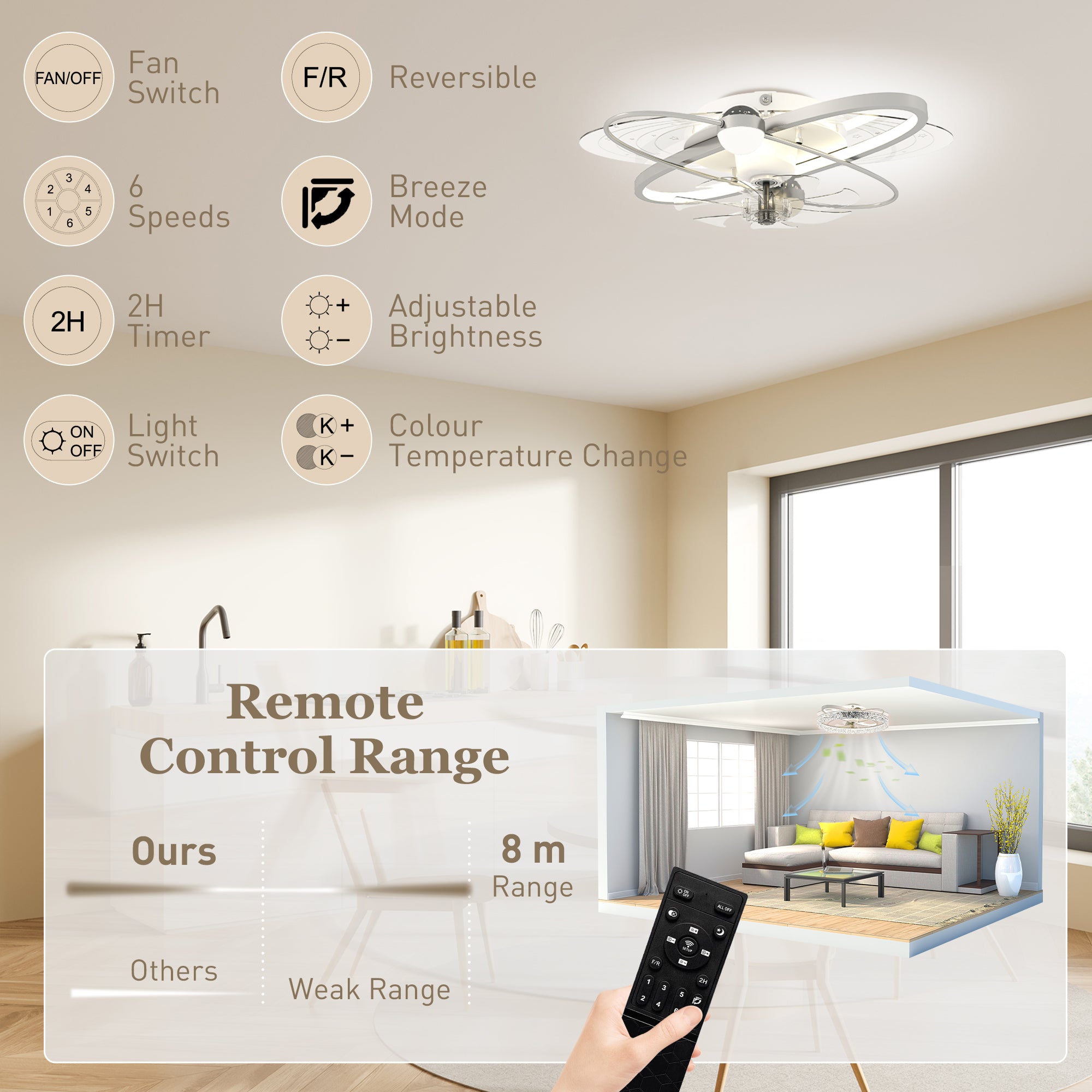 Ceiling Fans with Lights and Remote & App Control, 62 cm Modern LED Ceiling Fan Light with 3 Colour Temperatures, 6 Speed, Timer, Dimmable, Quiet Reversible DC Motor, for Bedroom, Silver Tone