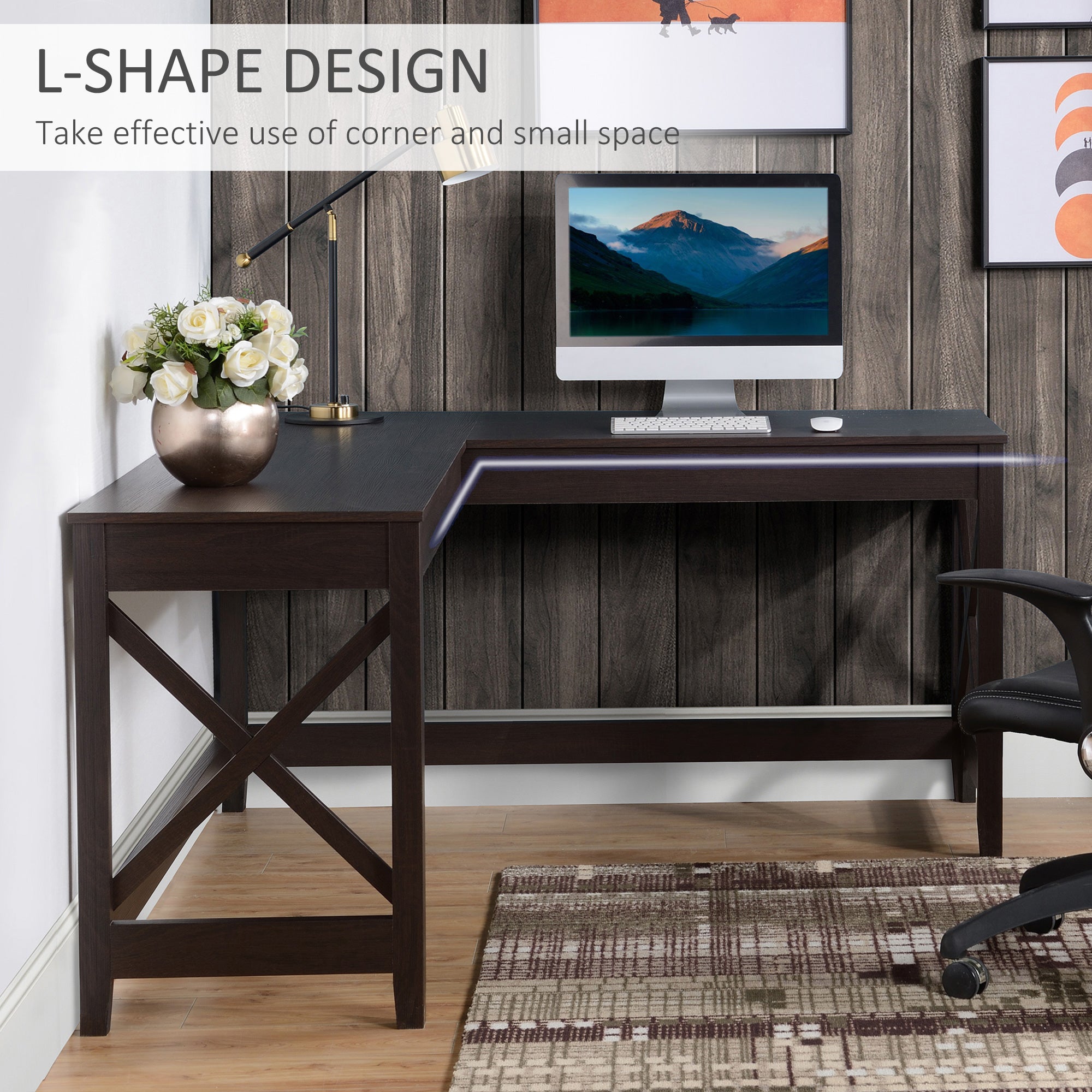 57" L Shaped Corner Desk Computer Home Office Desk and Writing Table Brown