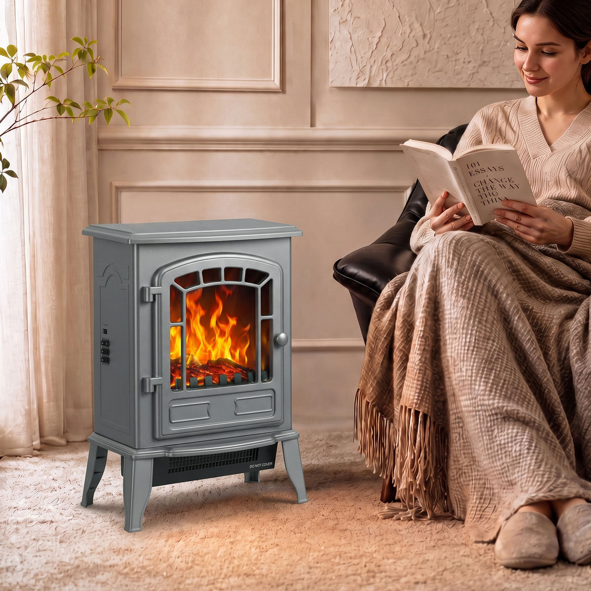 Electric Fireplace Stove Freestanding Log Burner, 1000W/2000W, Portable Electric Fire Fan Heater with LED Flame Effect, Adjustable Thermostat, Overheat Protection, Grey