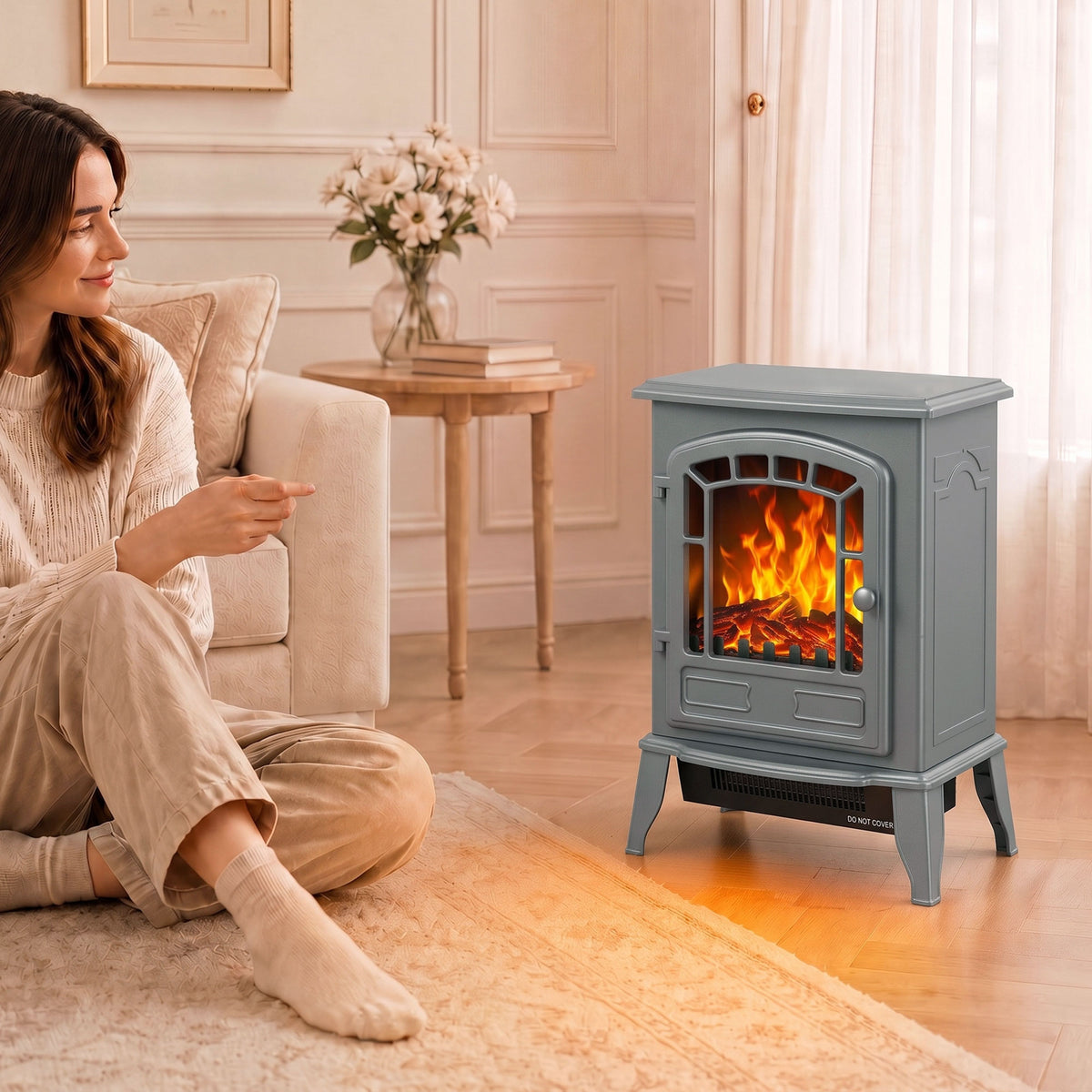 Electric Fireplace Stove Freestanding Log Burner, 1000W/2000W, Portable Electric Fire Fan Heater with LED Flame Effect, Adjustable Thermostat, Overheat Protection, Grey