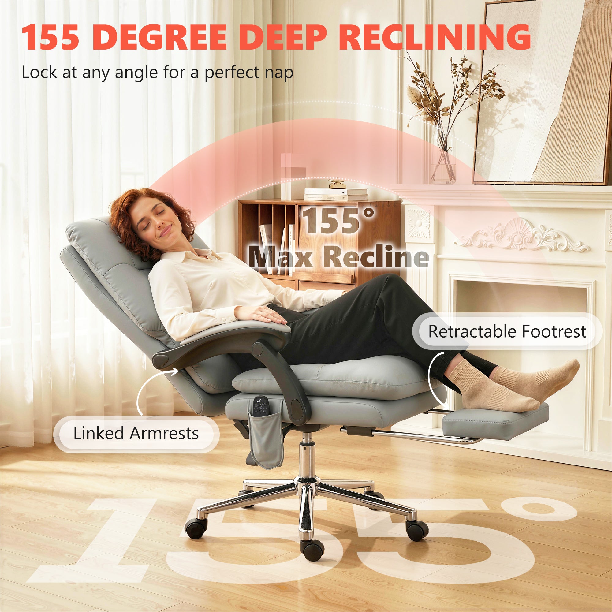 Massage Office Chair with 6-Point Vibration, Pet-Friendly Faux Leather Ergonomic Executive Desk Chair with Double-Layer Spring Cushions, Wide Seat, High Back, Reclining, Footrest, Light Gray