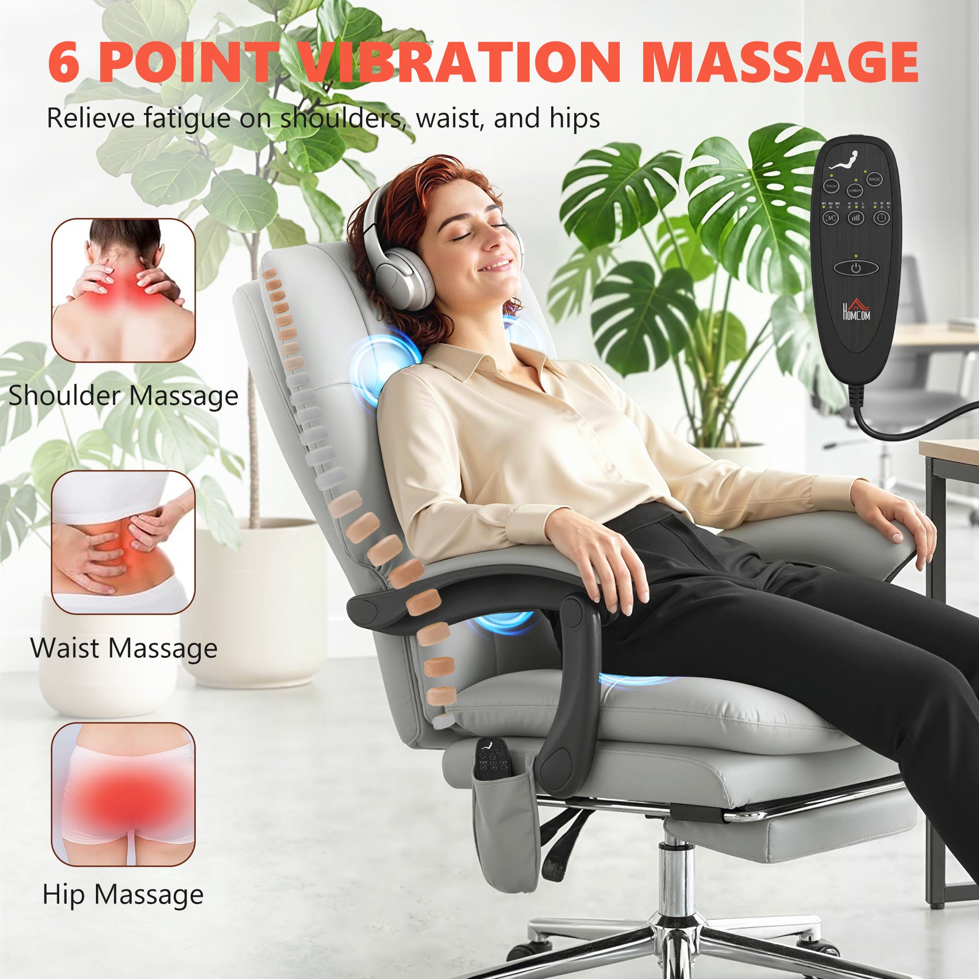 HOMCOM Massage Office Chair with 6-Point Vibration, Pet-Friendly Faux  Leather Ergonomic Executive Desk Chair with Double-Layer Spring Cushions,  Wide Seat, High Back, Reclining, Footrest, Light Gray