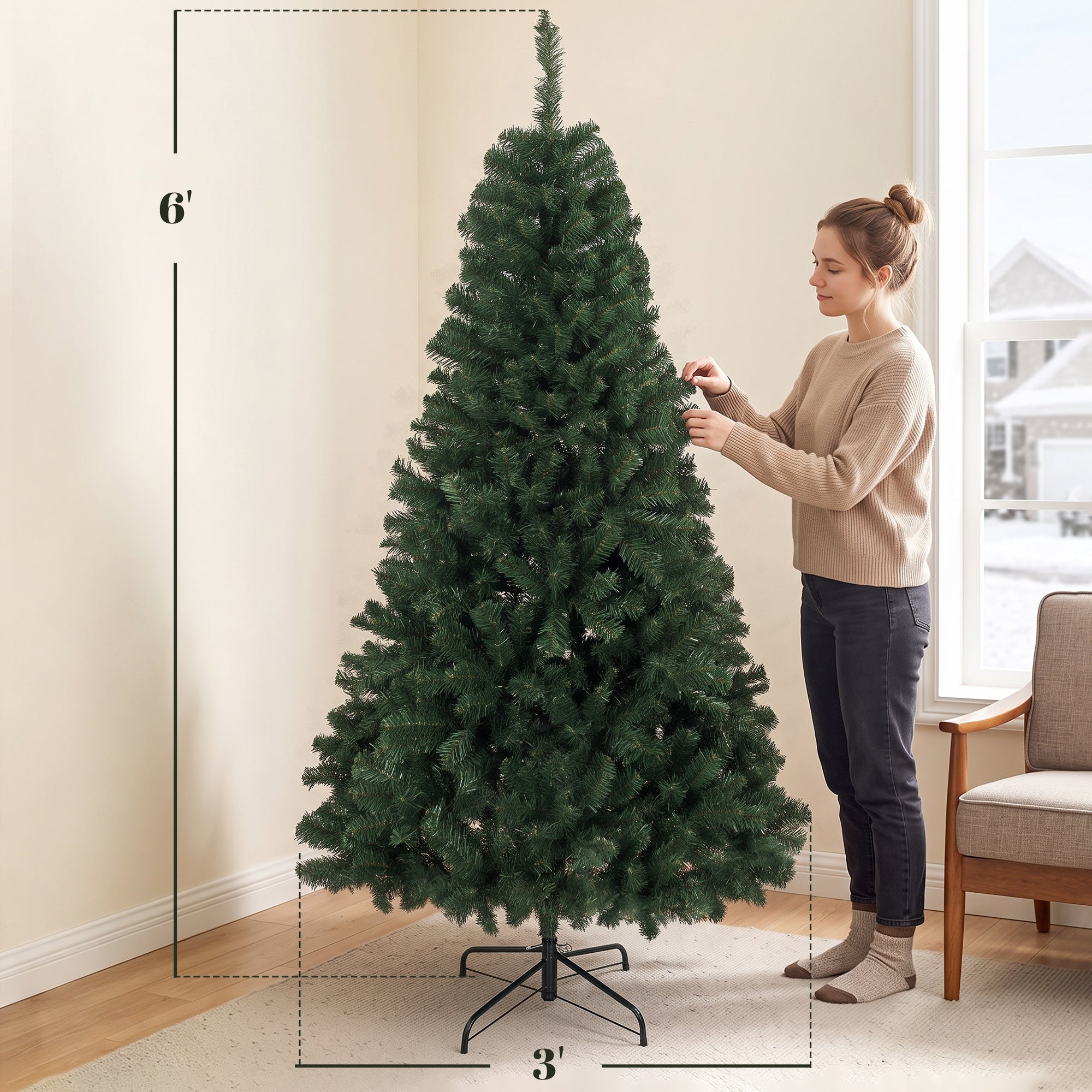 6ft Norwegian Spruce Artificial Christmas Tree with 888 Branch Tips, Foldable Metal Stand, Quick-Assembly Hinged Design, Full Xmas Tree for Home Office Holiday Decor, Green