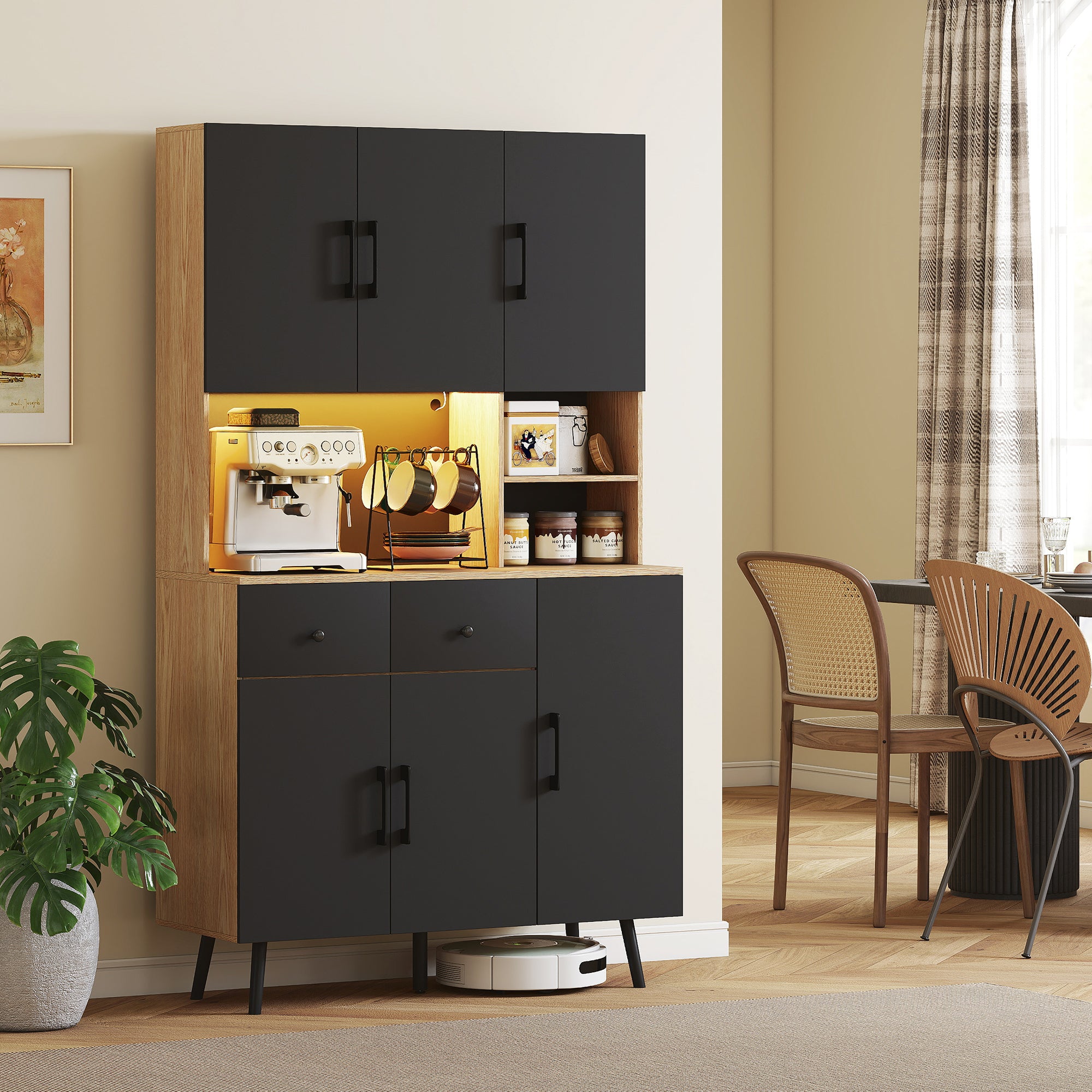 176 cm Tall Kitchen Cupboard with RGB LED Lights, Freestanding 6-Door Kitchen Storage Cabinet with 2 Drawers, Adjustable Shelves, Open Countertop and Cable Hole, Oak and Black