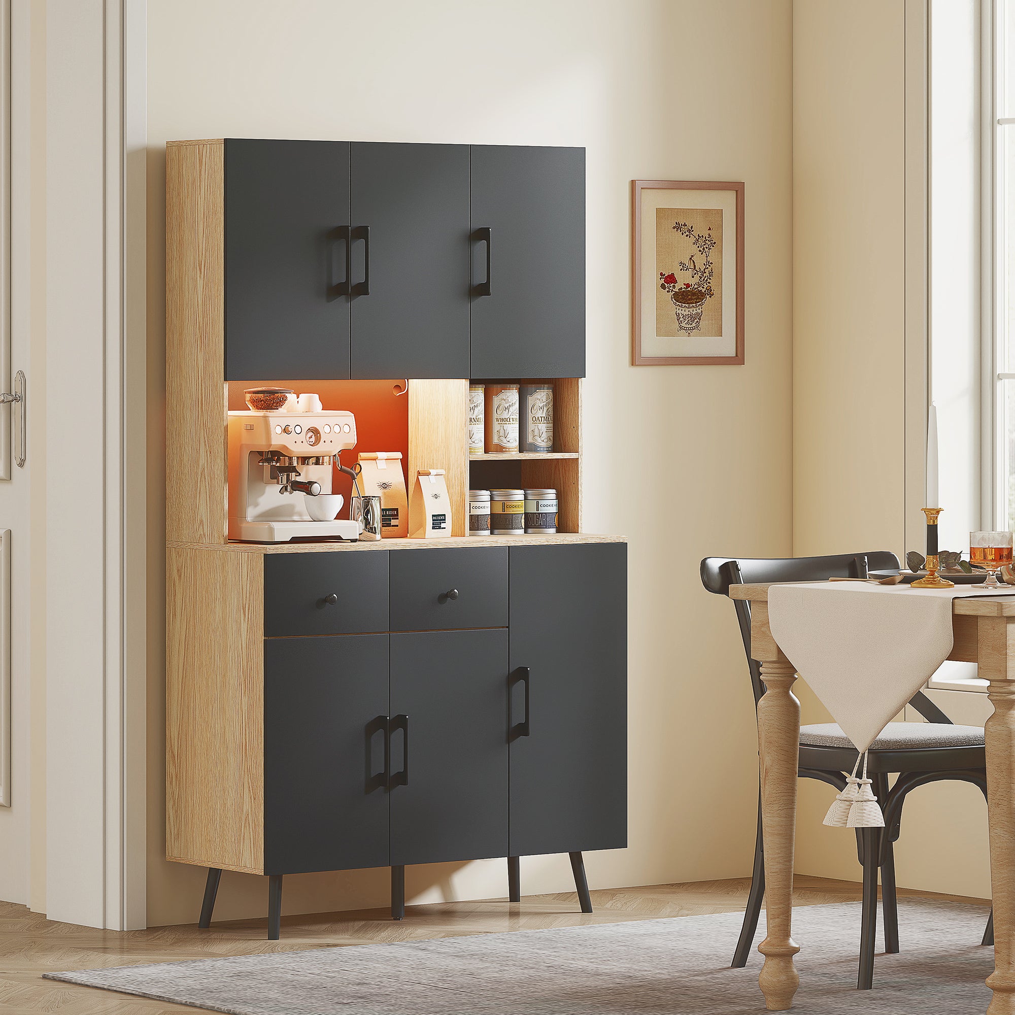 176 cm Tall Kitchen Cupboard with RGB LED Lights, Freestanding 6-Door Kitchen Storage Cabinet with 2 Drawers, Adjustable Shelves, Open Countertop and Cable Hole, Oak and Black