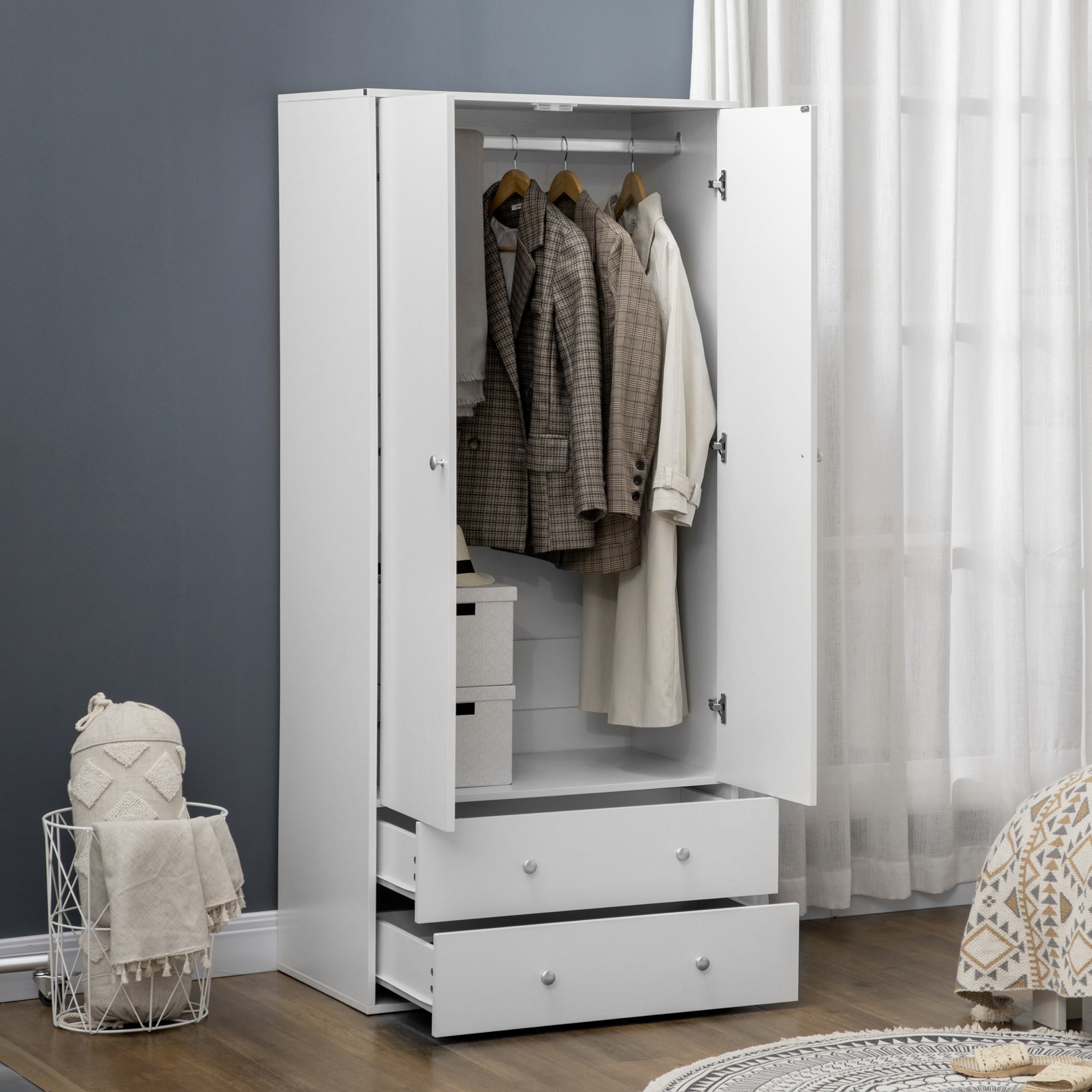 HOMCOM Wardrobe Closet, Armoire with Drawers and Hanging Rail for Bedroom Clothes Storage and Organization, White