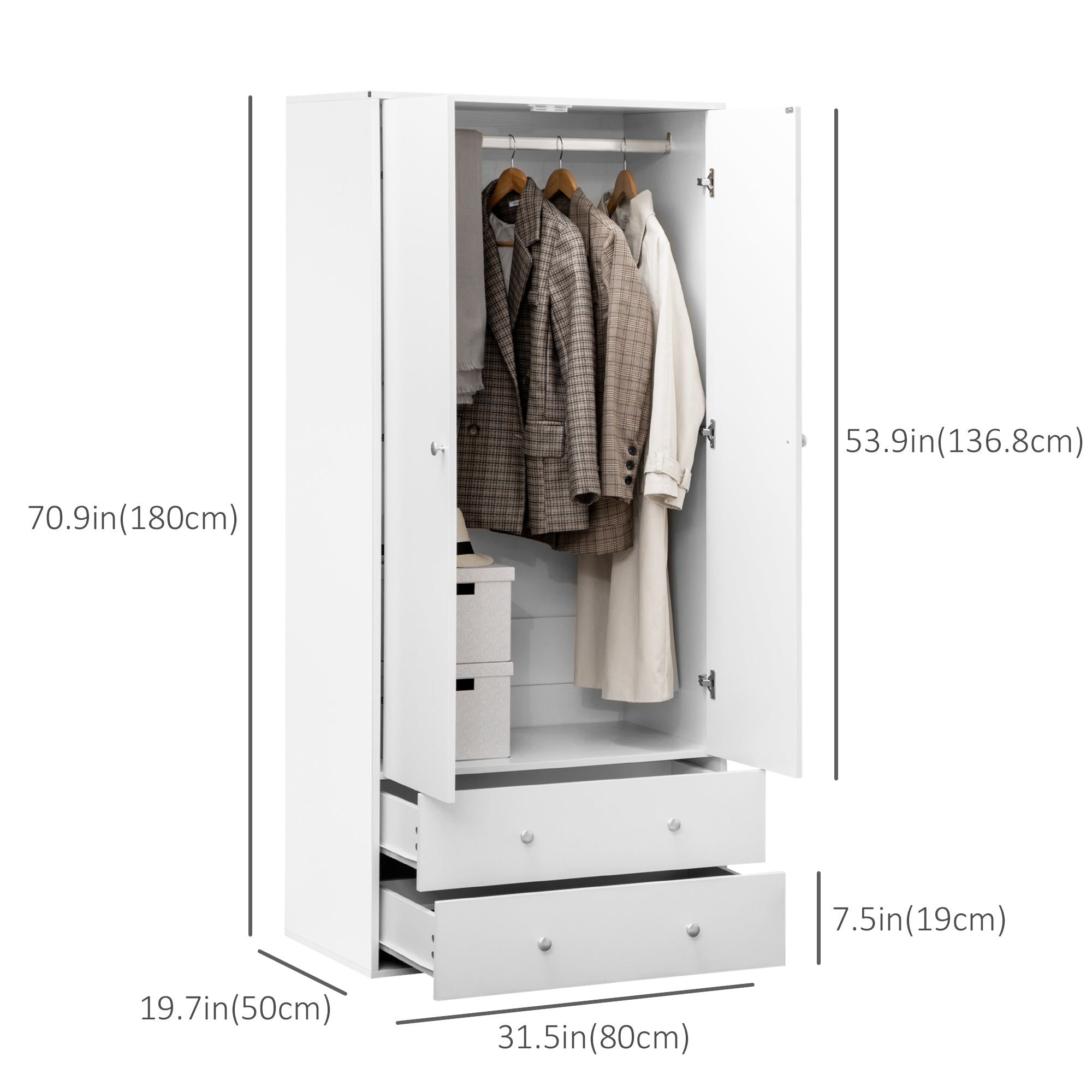 HOMCOM Wardrobe Closet, Armoire with Drawers and Hanging Rail for Bedroom Clothes Storage and Organization, White