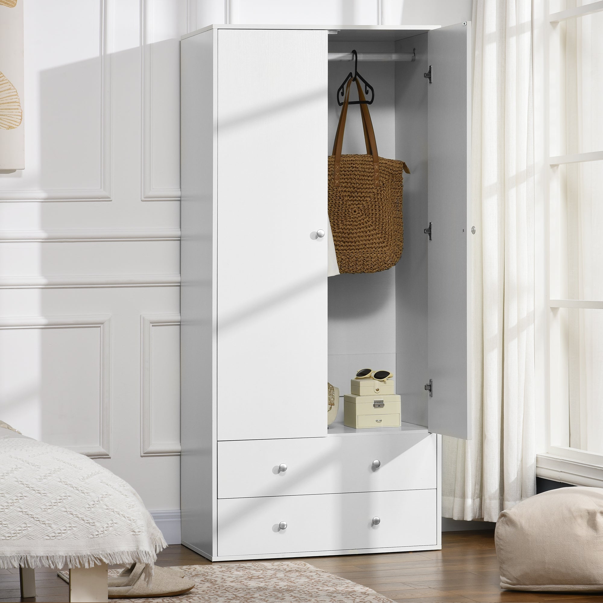 HOMCOM Wardrobe Closet, Armoire with Drawers and Hanging Rail for Bedroom Clothes Storage and Organization, White