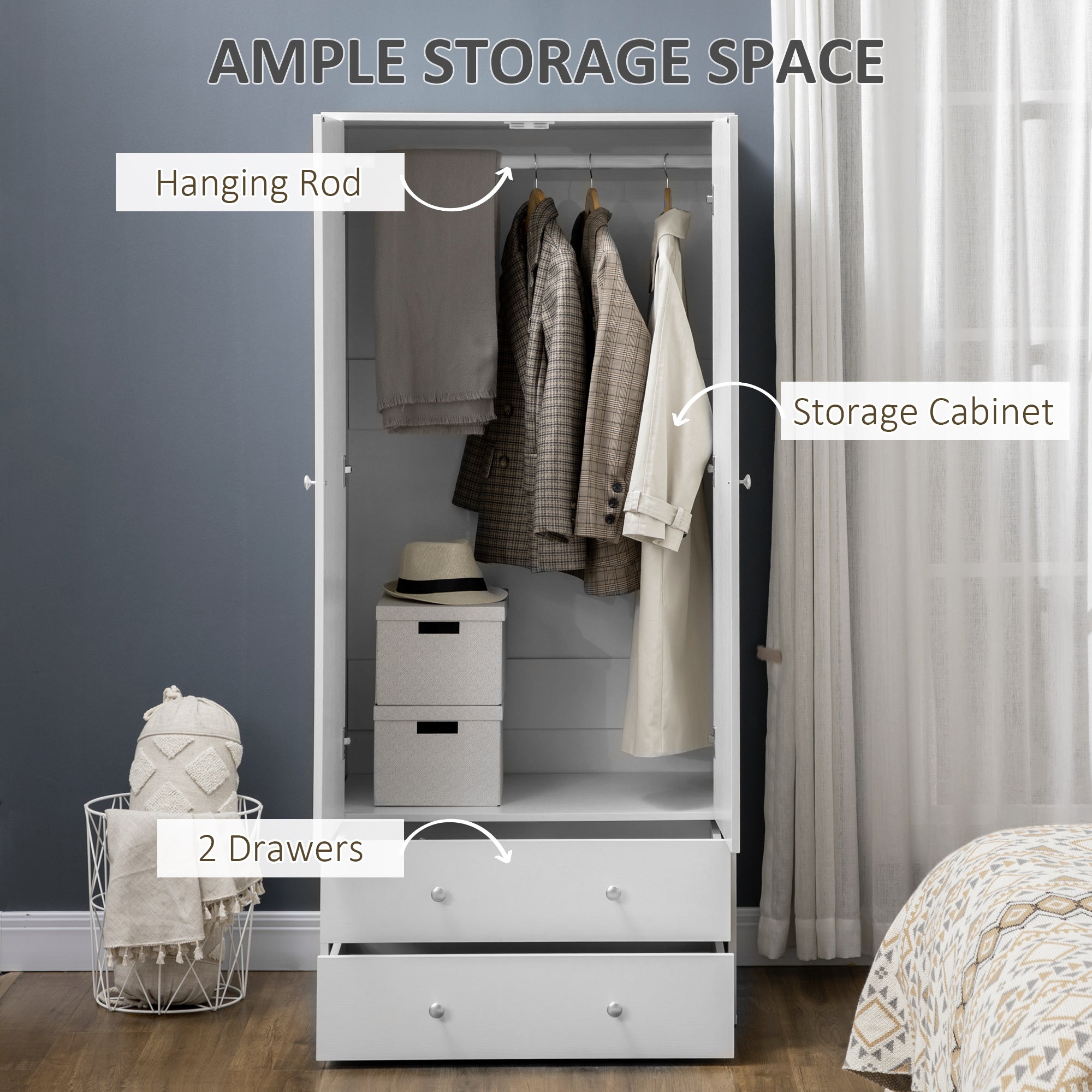 HOMCOM Wardrobe Closet, Armoire with Drawers and Hanging Rail for Bedroom Clothes Storage and Organization, White