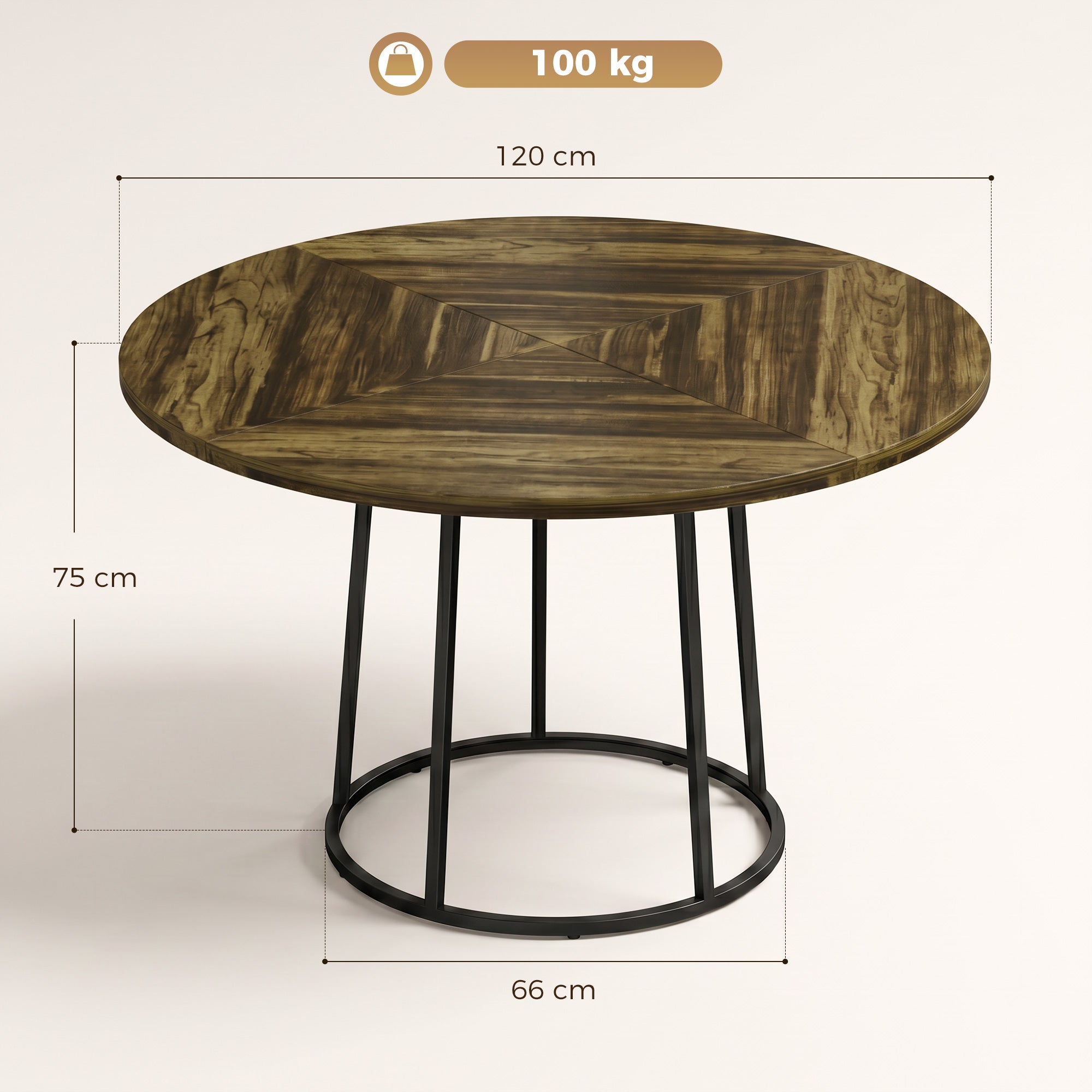 Modern Industrial Dining Table for 4-6 People, 120 cm Round Kitchen Table with Spliced Top and Conical Metal Base for Dining Room, Kitchen, Living Room, Rustic Brown
