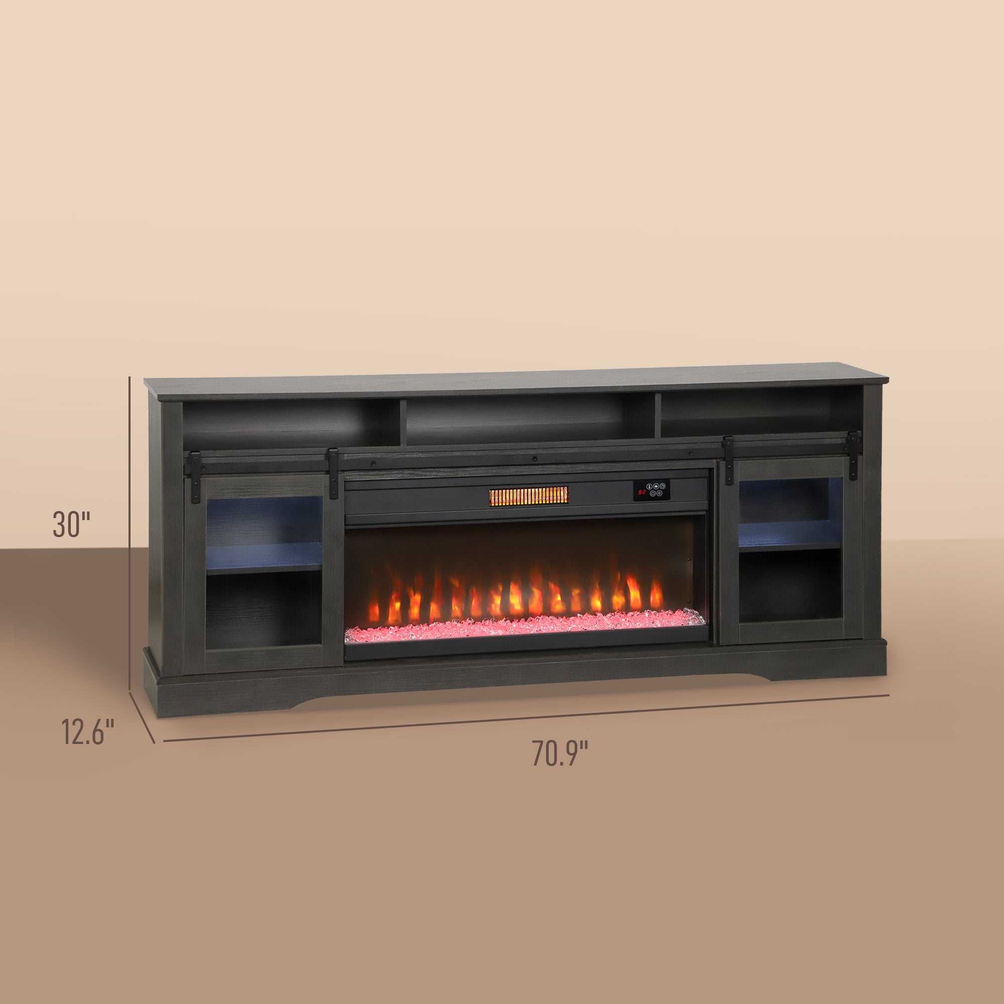 Fireplace TV Stand for TVs Up to 80 Inches, Modern Entertainment Center with 36" Glass Electric Fireplace & LED Lights, TV Console with Open Storage and Side Cabinets for Living Room, Gray