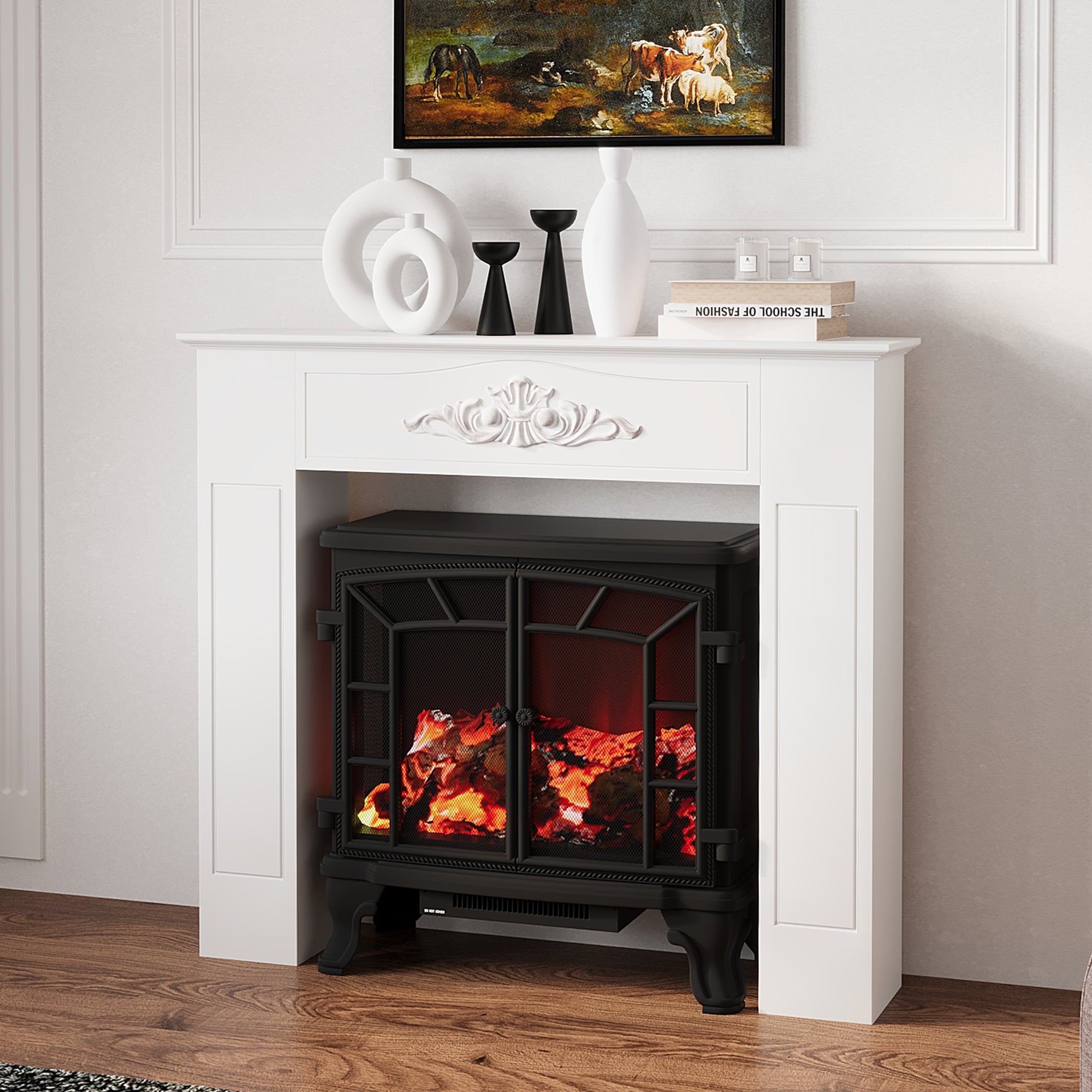 Fir Wood Fireplace Mantel Surround 44.75" W x 40" H Freestanding Electric Fireplace Mantel Distressed White - HOMCOM